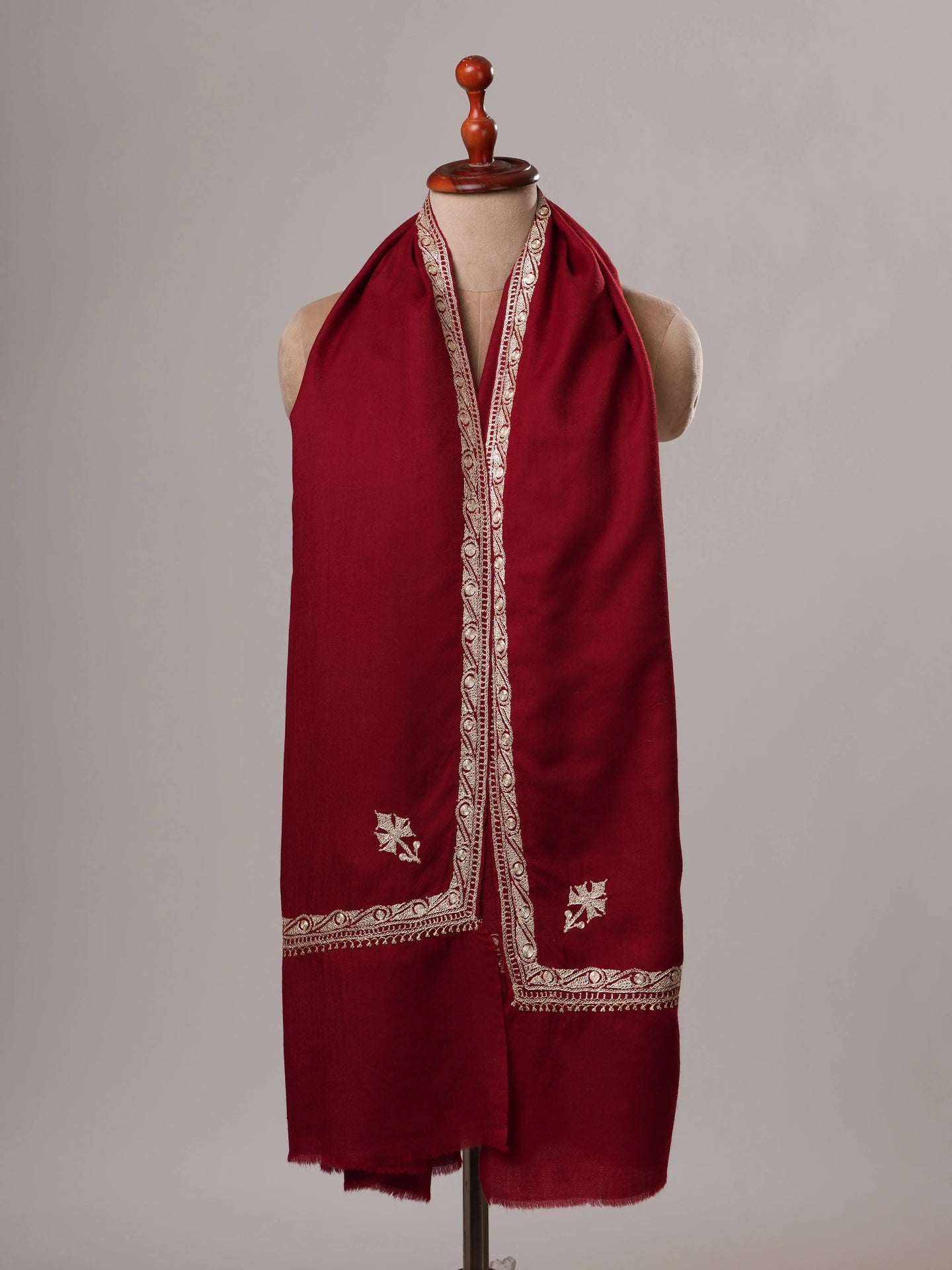 Maroon Hashia Tilla Hand Embroidered Fine Wool Kashmiri Shawl Shahkaar