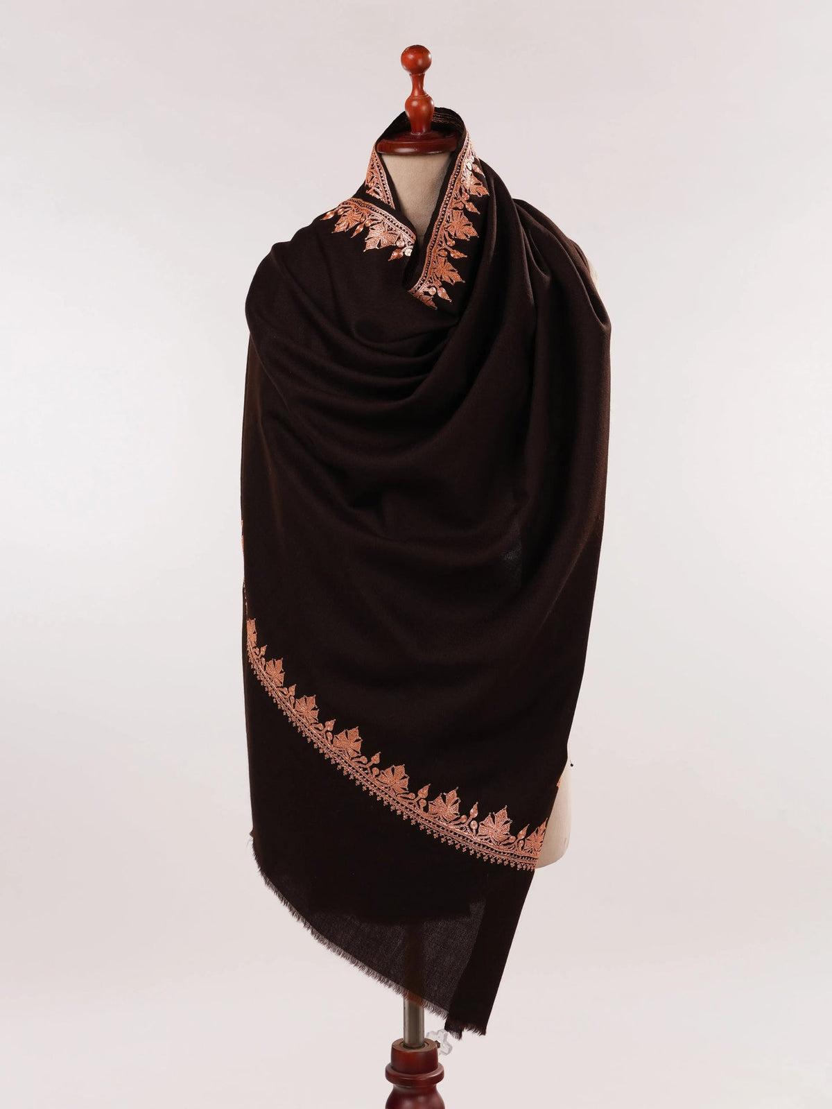 Hashidar Hand Tilla Embroidered Dark Brown Fine Wool Shawl Shahkaar.com