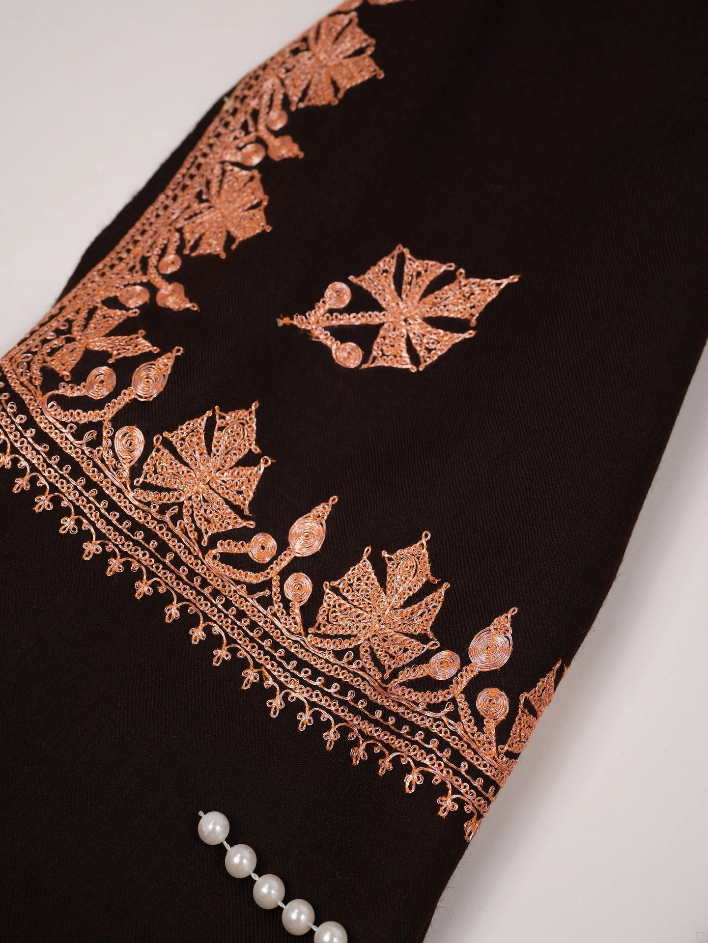 Hashidar Hand Tilla Embroidered Dark Brown Fine Wool Shawl Shahkaar.com