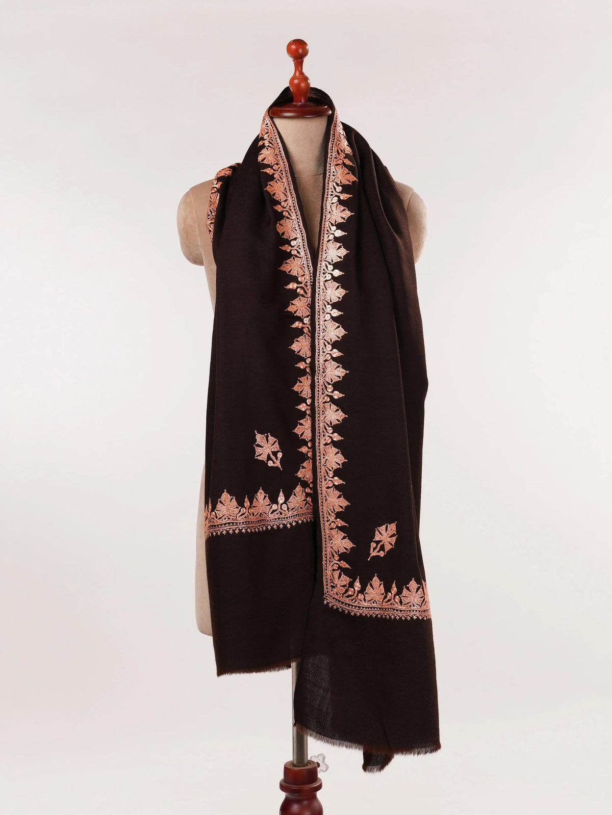 Hashidar Hand Tilla Embroidered Dark Brown Fine Wool Shawl Shahkaar.com