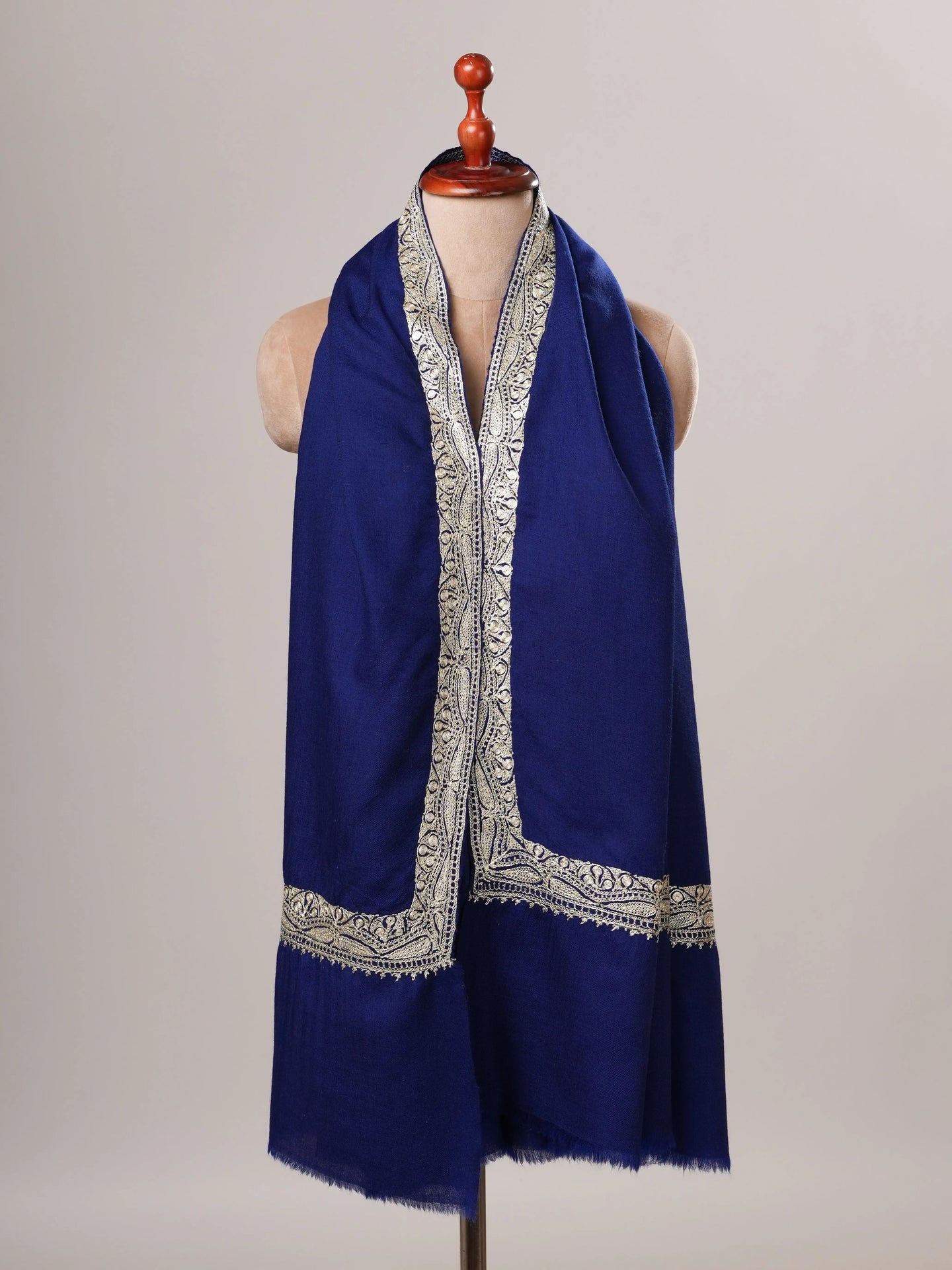 Navy Blue Fine Wool Water Gold Hand Embroidered Tilla Shawl Shahkaar Global
