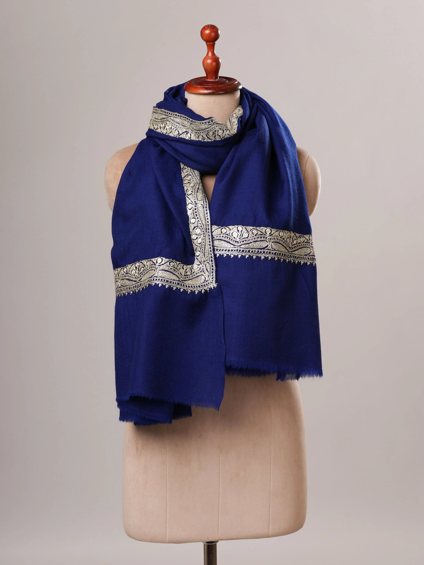 Navy Blue Fine Wool Water Gold Hand Embroidered Tilla Shawl Shahkaar Global