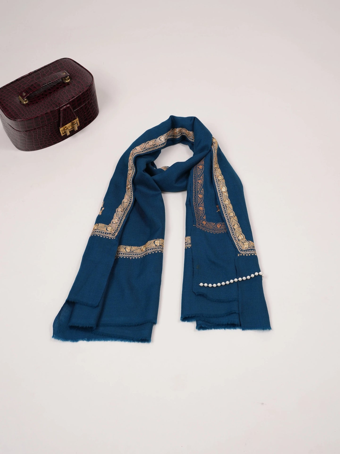 Peacock Blue Hashidar Hand Tilla Embroidered Fine Wool Shawl Shahkaar.com