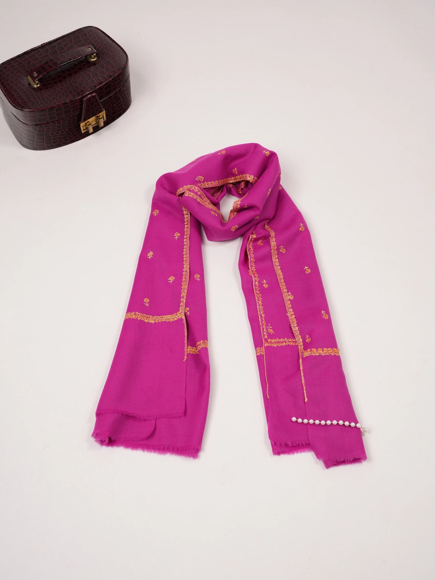 Pure Rani Pink Fine Wool Shawl with Buteh Hand Sozni Embroidery Shahkaar.com