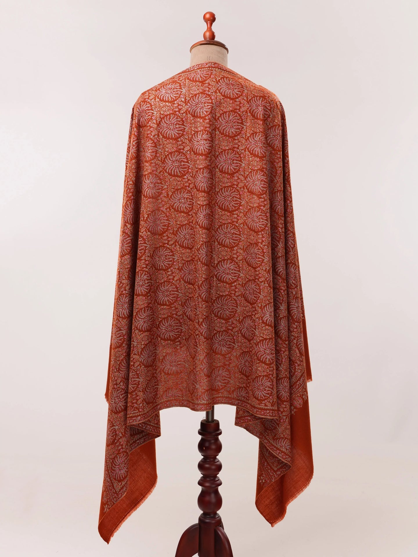 Rust Pashmina Shawl with Detailed Silk Sozni Hand Embroidery Shahkaar.com