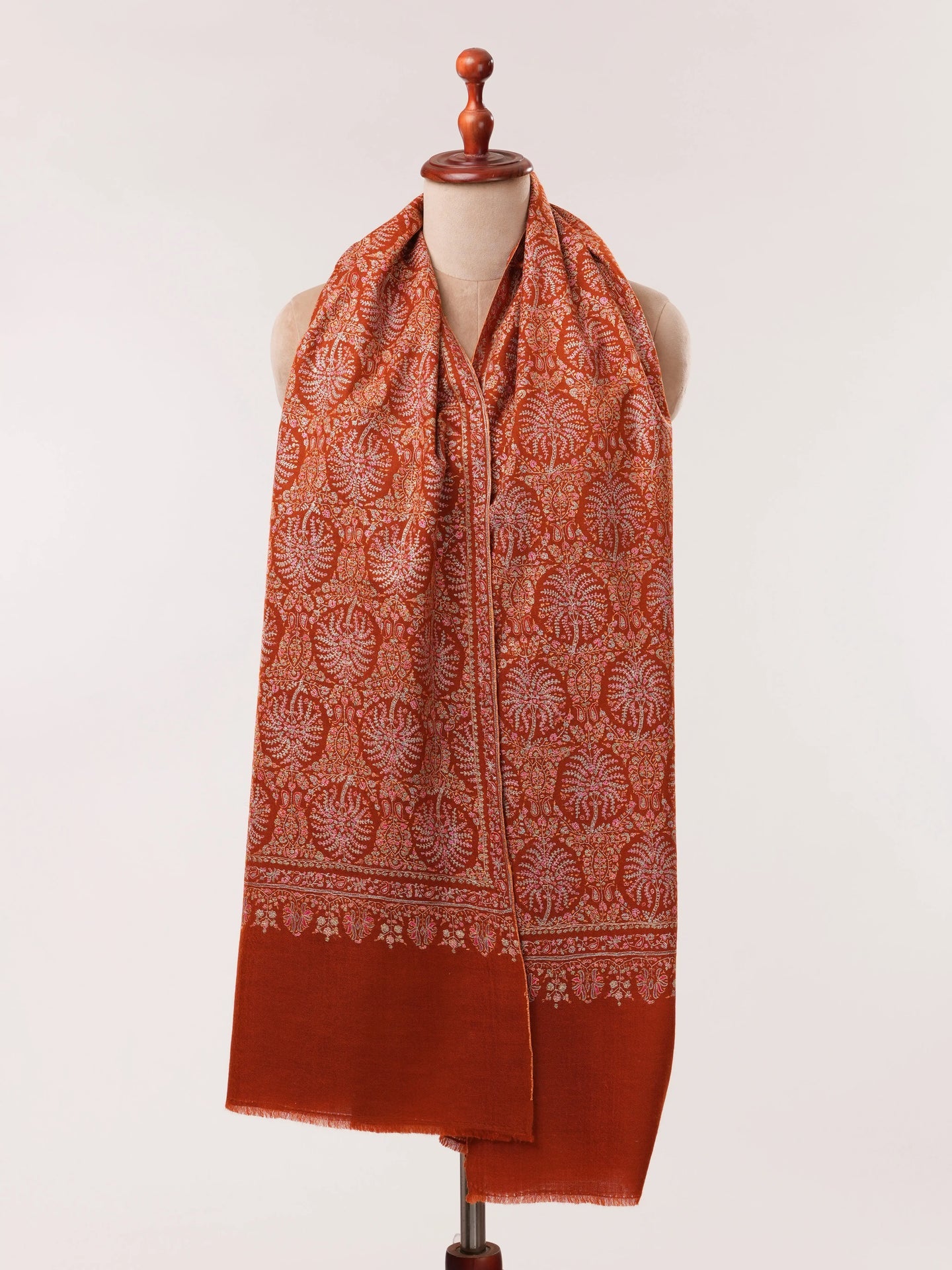 Rust Pashmina Shawl with Detailed Silk Sozni Hand Embroidery Shahkaar.com