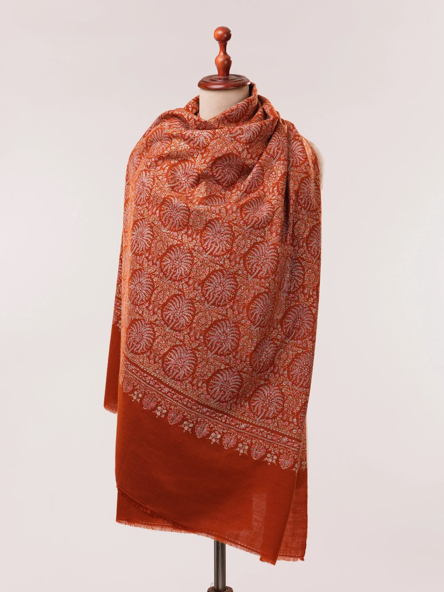 Rust Pashmina Shawl with Detailed Silk Sozni Hand Embroidery Shahkaar.com
