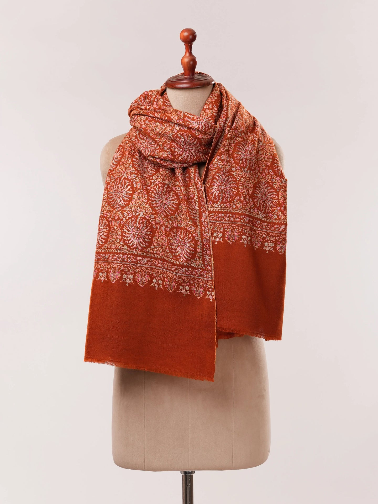 Rust Pashmina Shawl with Detailed Silk Sozni Hand Embroidery Shahkaar.com