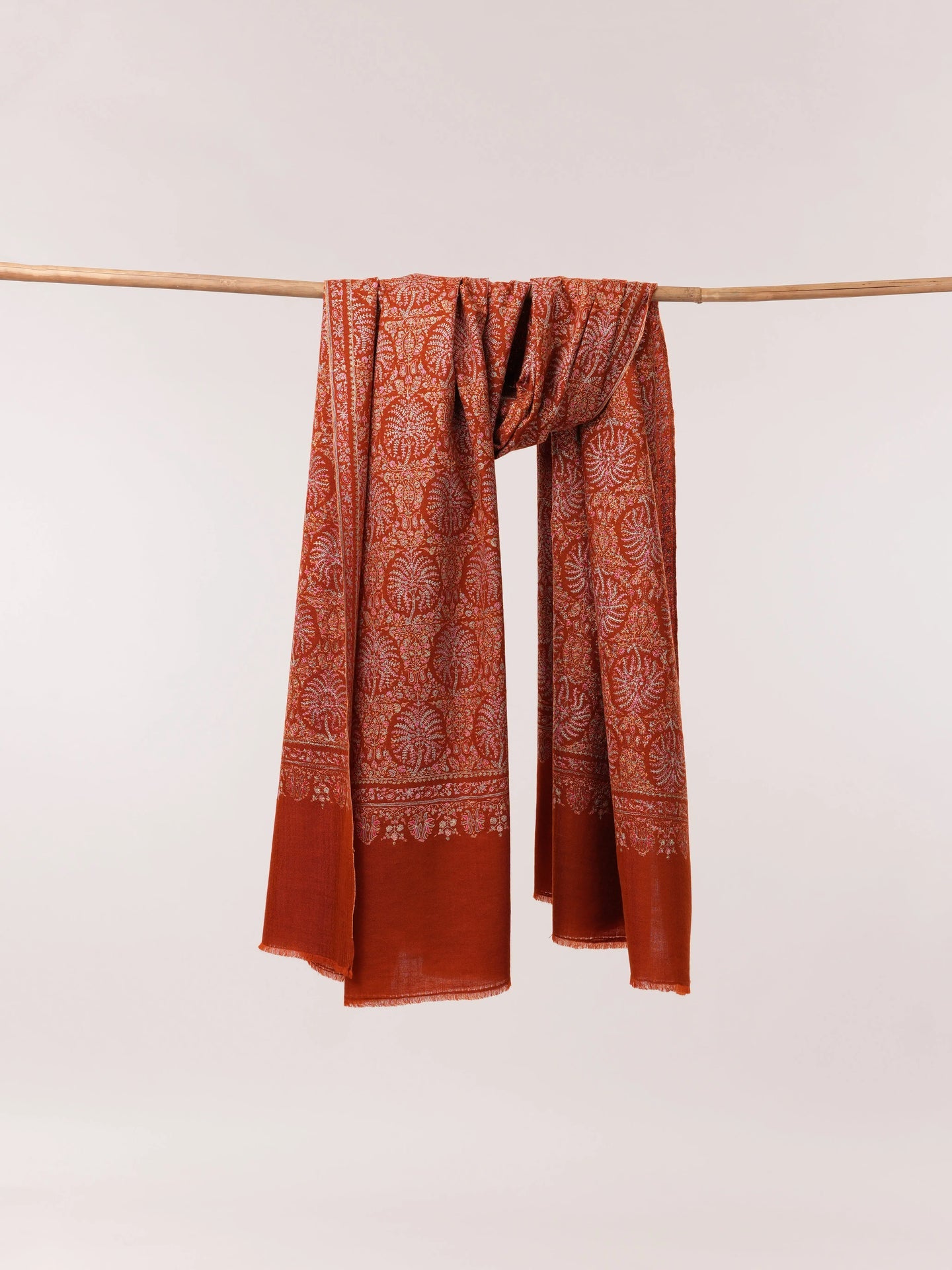 Rust Pashmina Shawl with Detailed Silk Sozni Hand Embroidery Shahkaar.com