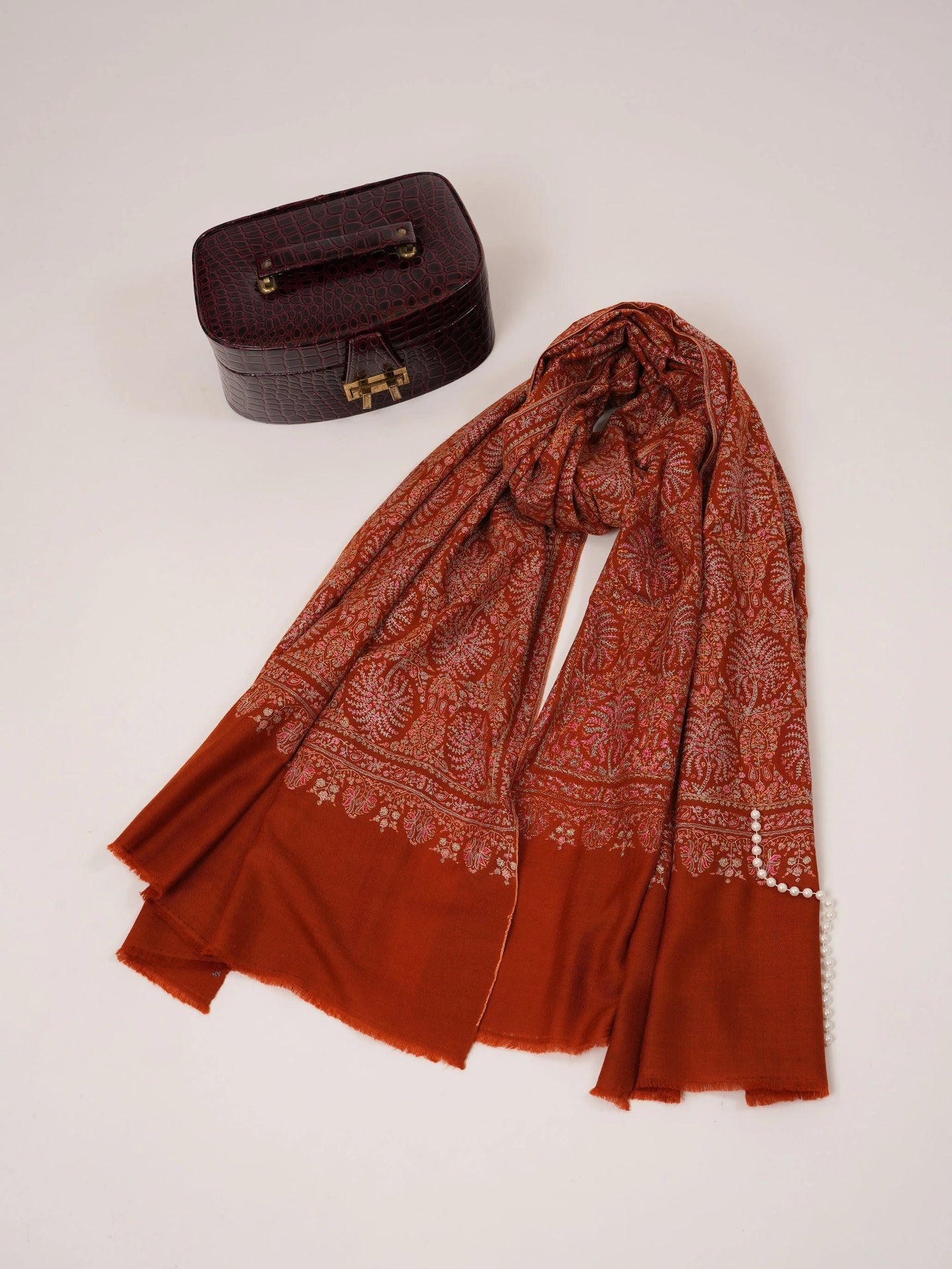 Rust Pashmina Shawl with Detailed Silk Sozni Hand Embroidery Shahkaar.com