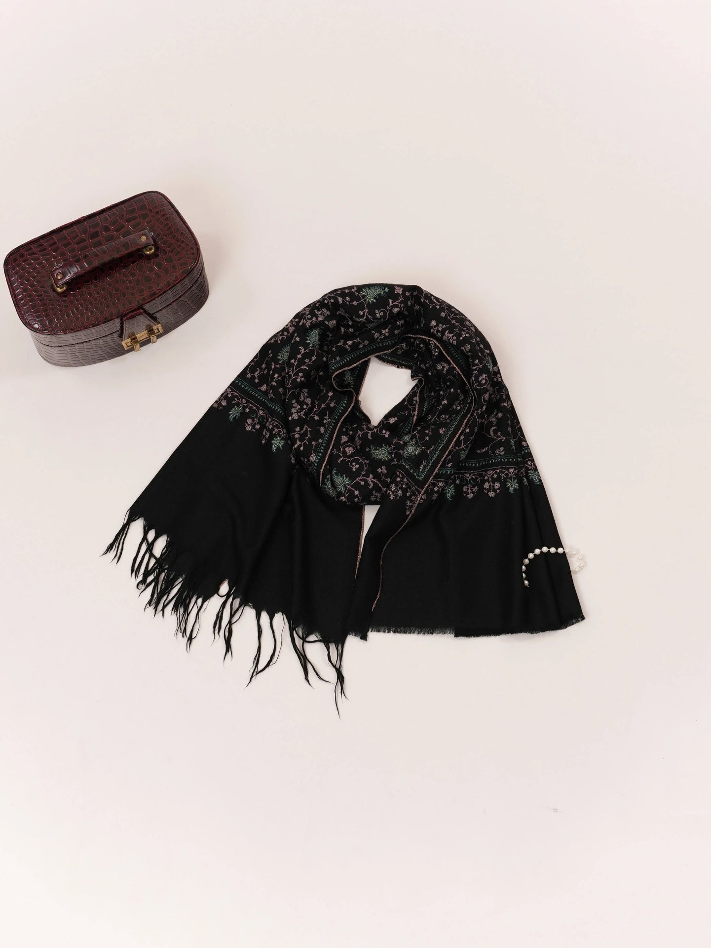 Black Scarf with Jali Hand Embroidery on Handwoven Cashmere Shahkaar.com