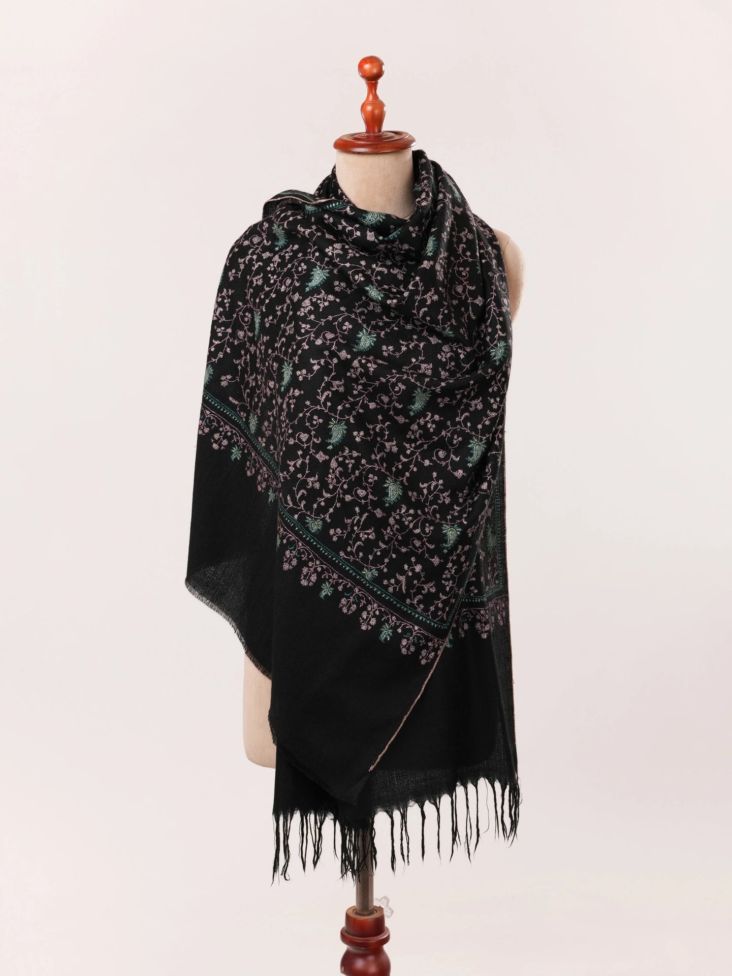 Black Scarf with Jali Hand Embroidery on Handwoven Cashmere Shahkaar.com