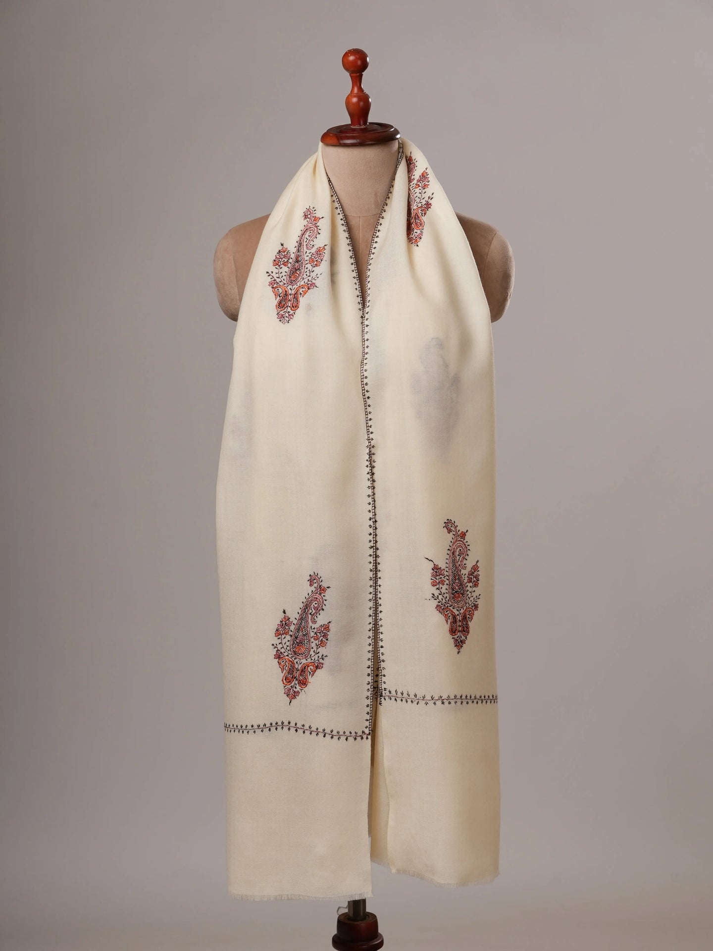 White Booti Hand Embroidered Fine Wool Soft Shawl Shahkaar