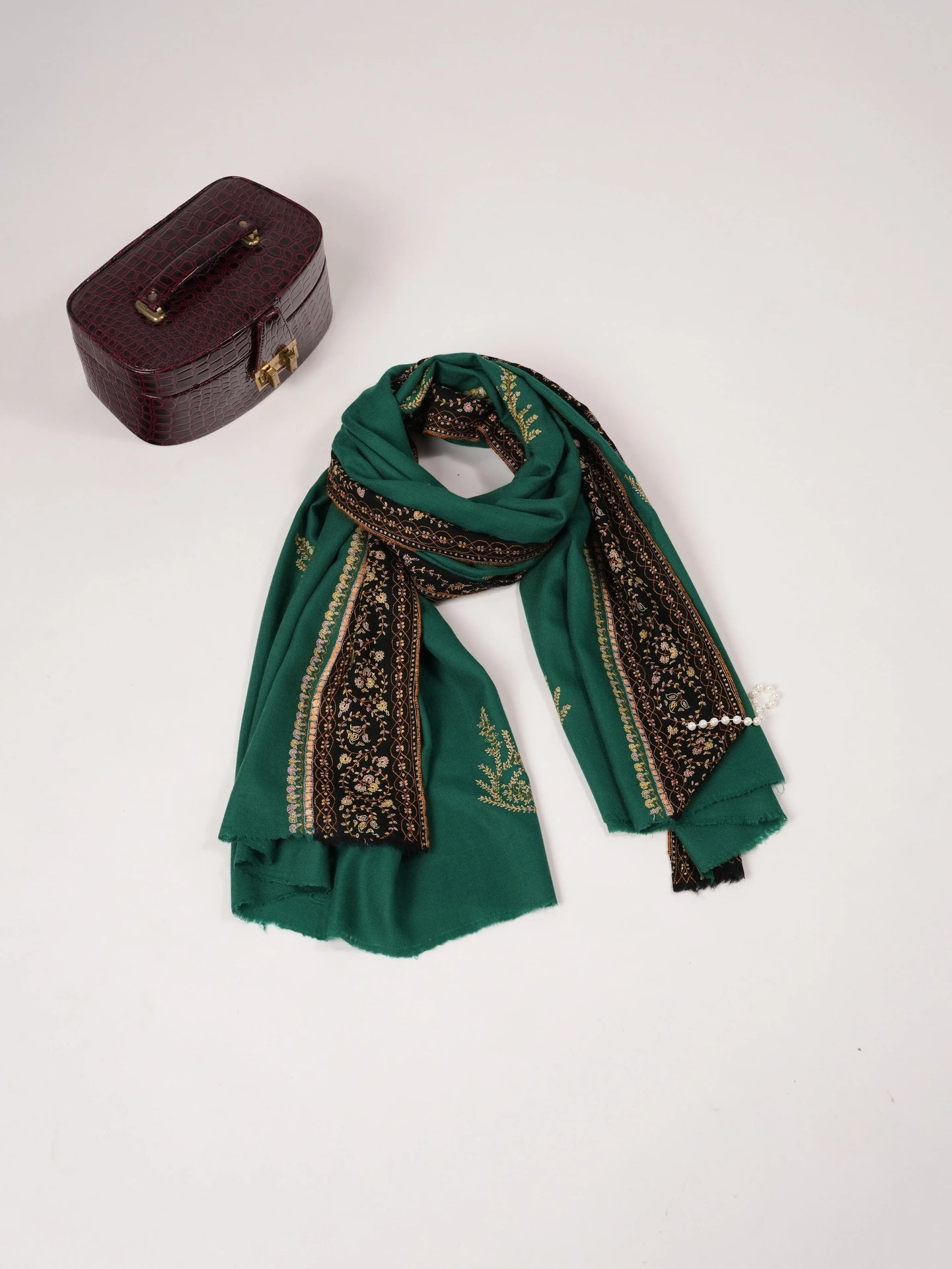 Green Buteh Hand Sozni Embroidered Pure Pashmina Shawl Shahkaar.com