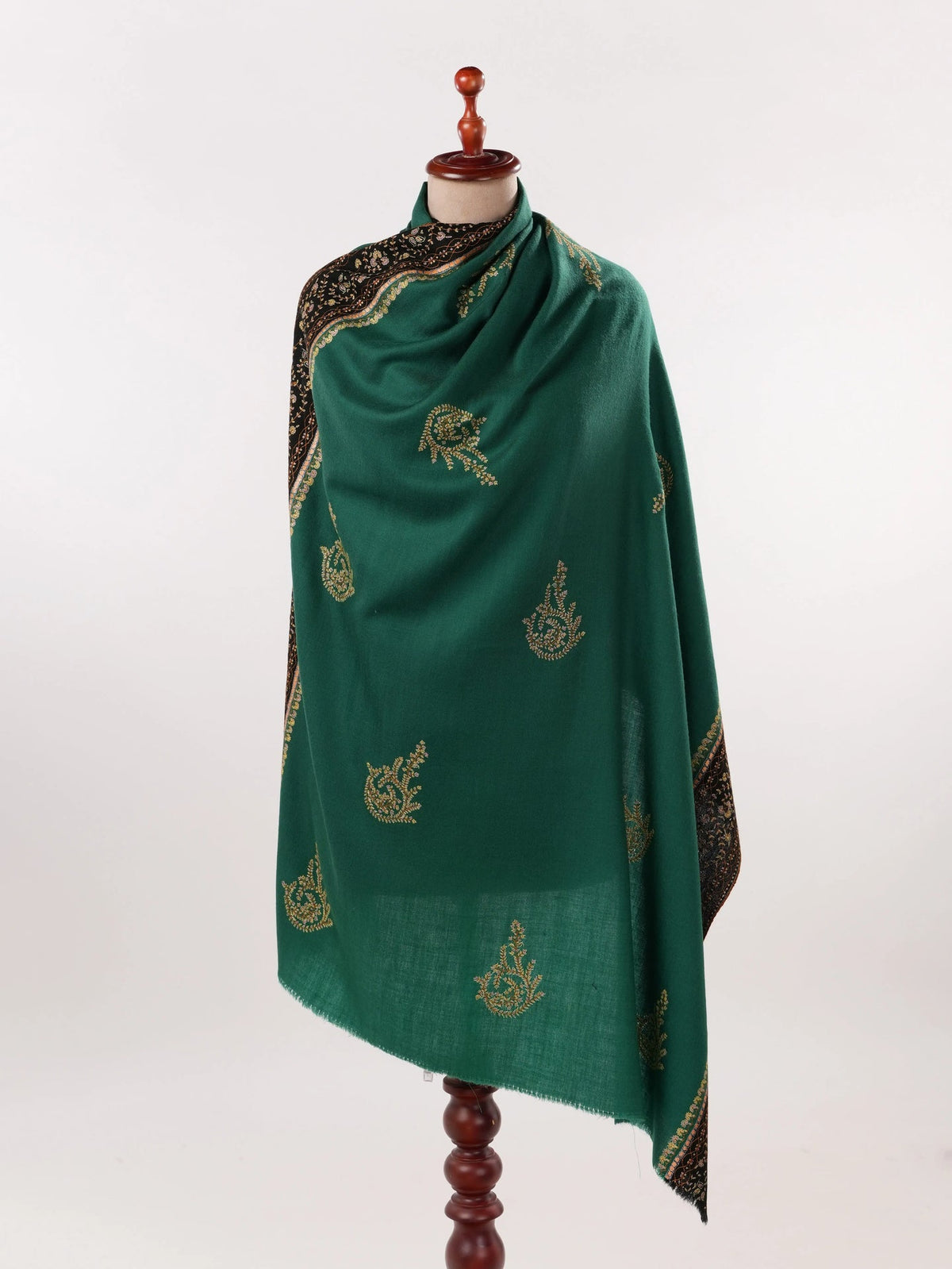 Green Buteh Hand Sozni Embroidered Pure Pashmina Shawl Shahkaar.com