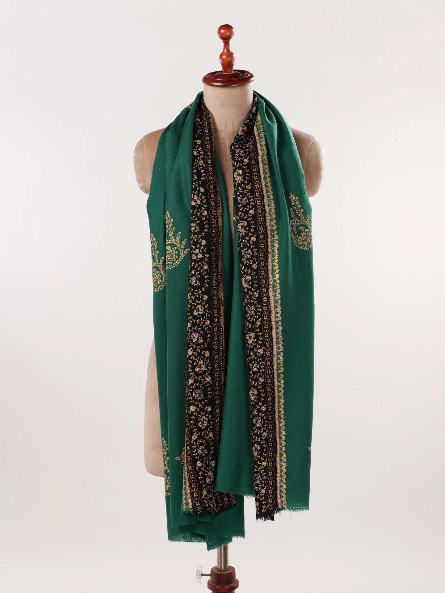 Green Buteh Hand Sozni Embroidered Pure Pashmina Shawl Shahkaar.com