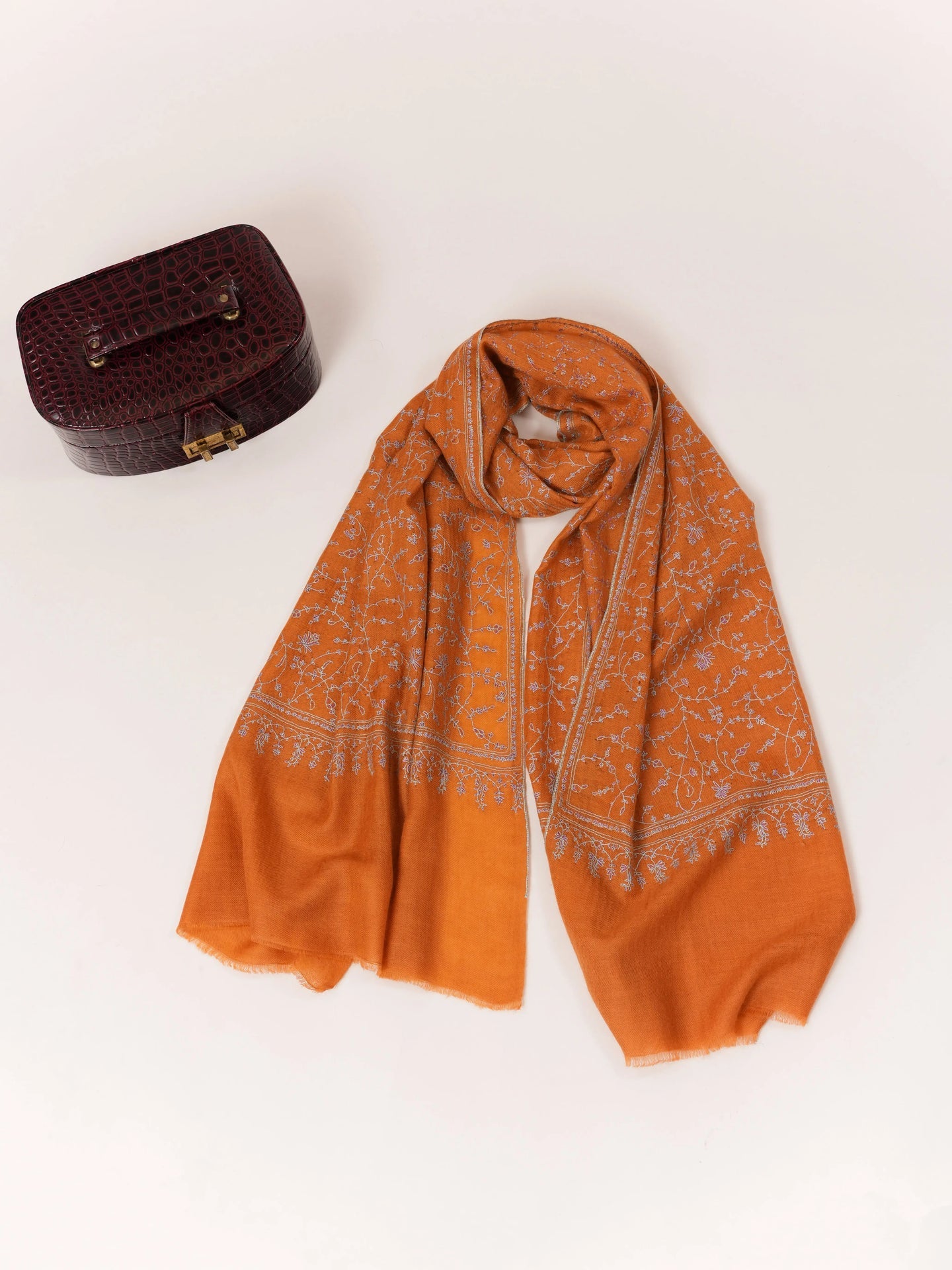 Orange Hand Embroidered Featherlight Cashmere Scarf Shahkaar.com
