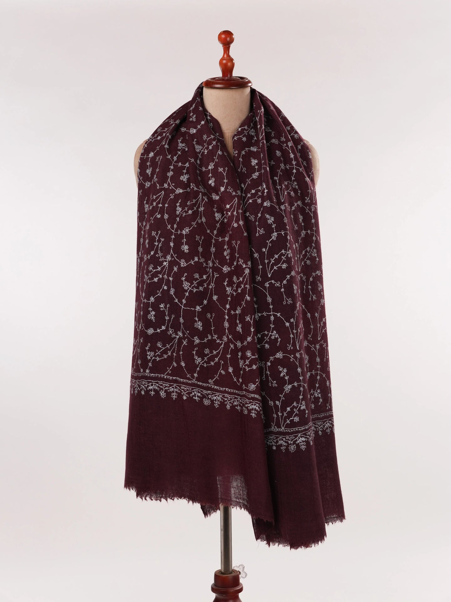 Wine Fine Wool Boiled Shawl with Traditional Jali Hand Embroidery Shahkaar.com