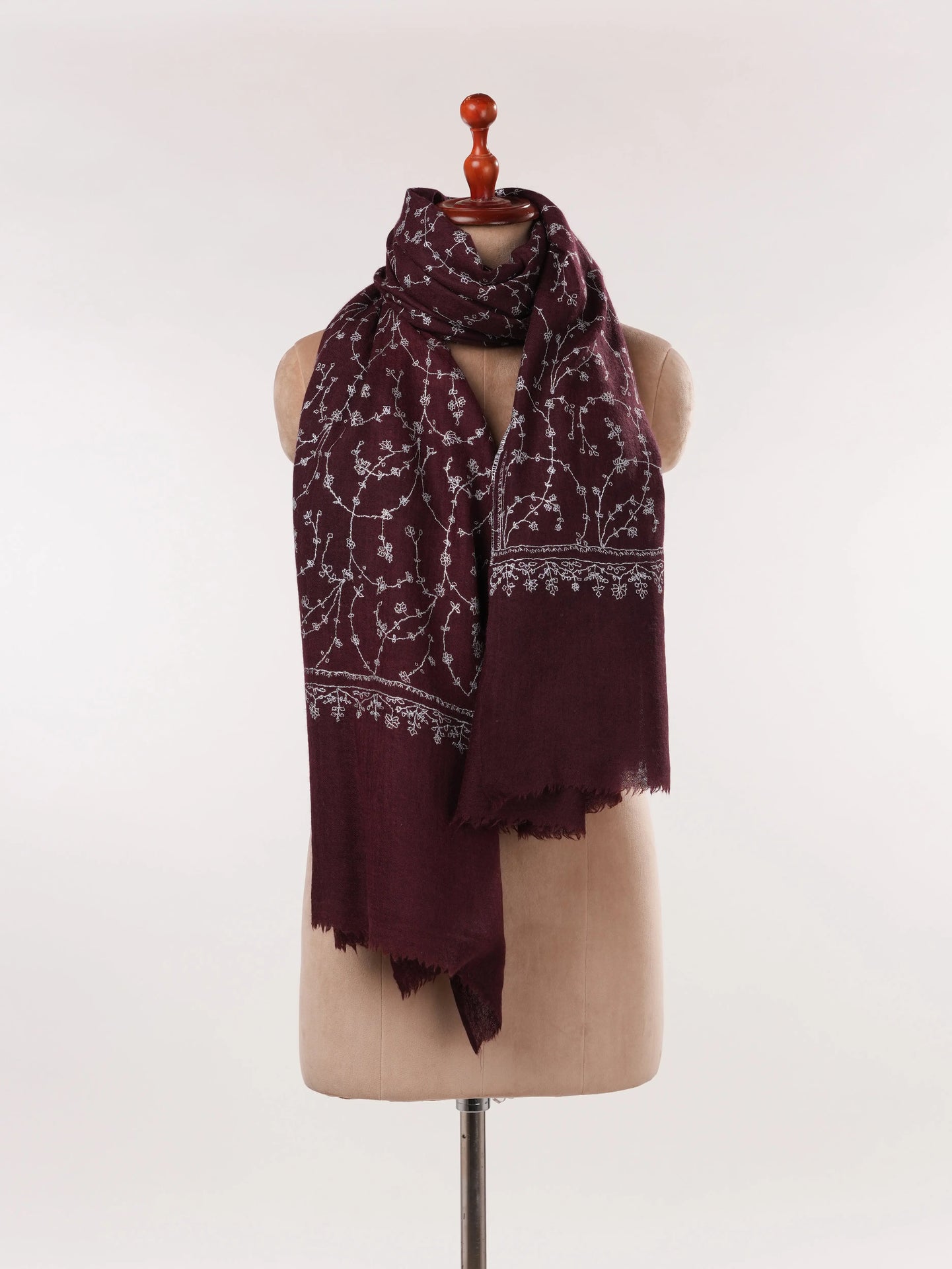 Wine Fine Wool Boiled Shawl with Traditional Jali Hand Embroidery Shahkaar.com
