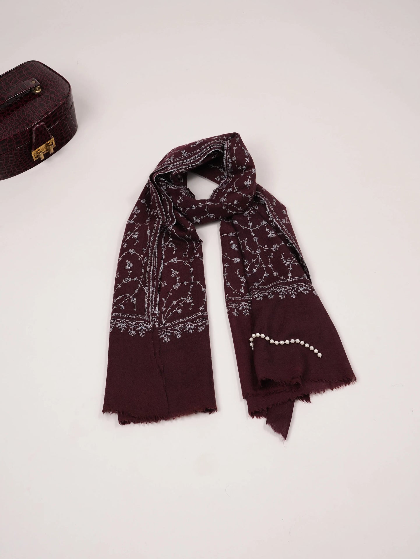 Wine Fine Wool Boiled Shawl with Traditional Jali Hand Embroidery Shahkaar.com