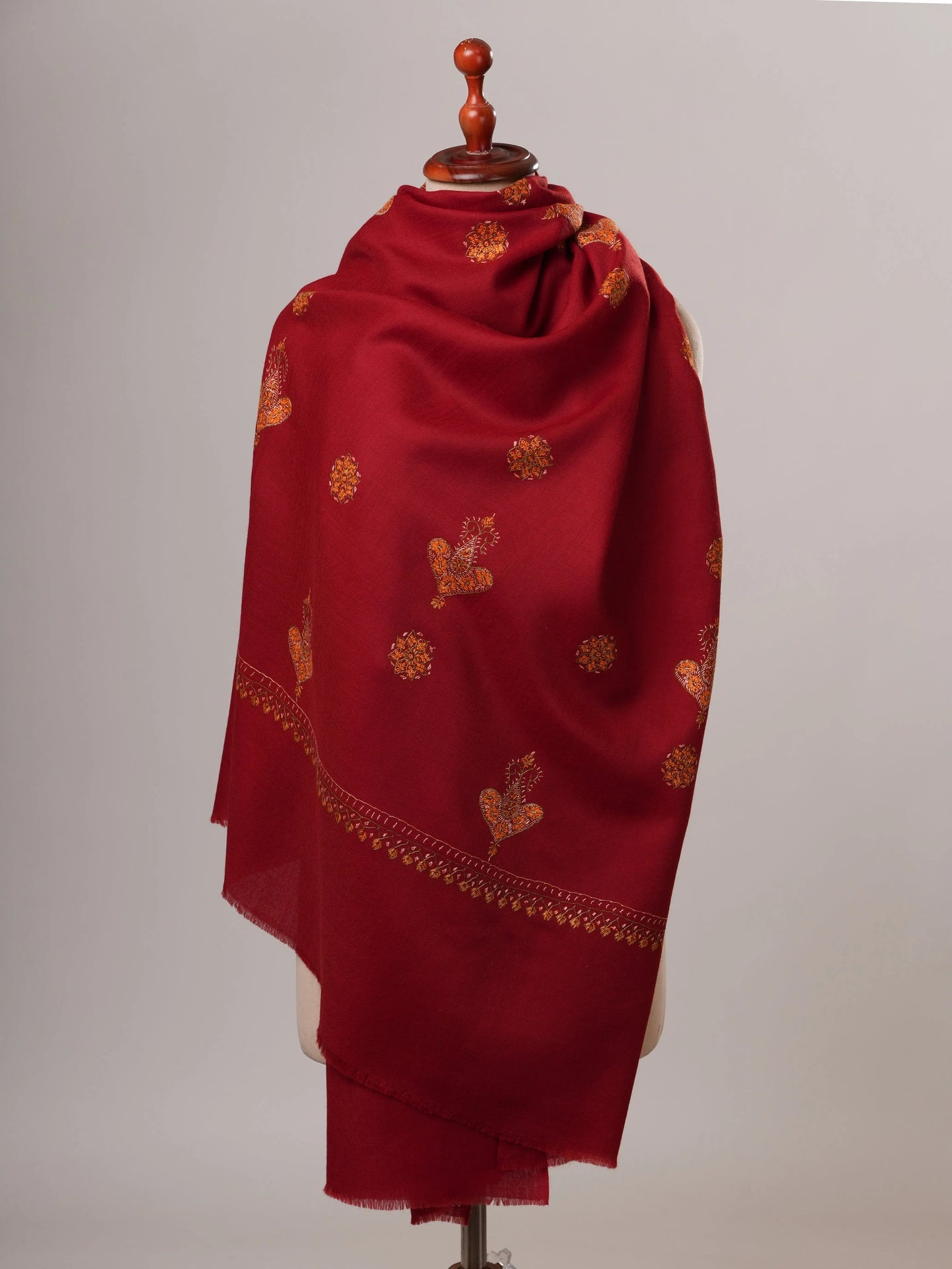 Maroon Buti Hand Embroidered Fine Wool Indian Shawl Shahkaar