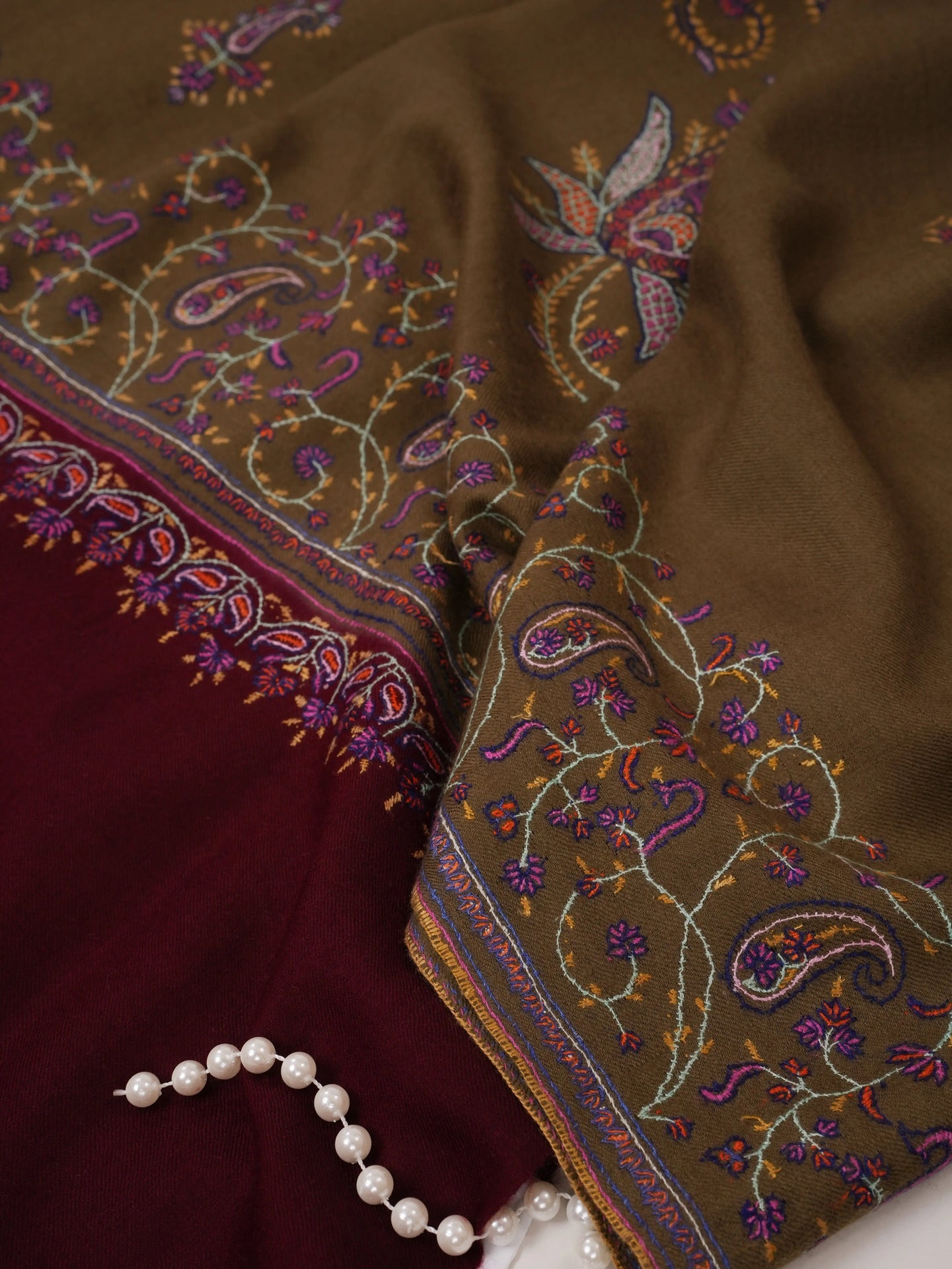 Pure Pashmina Shawl with Delicate Sozni Hand Embroidery Shahkaar.com