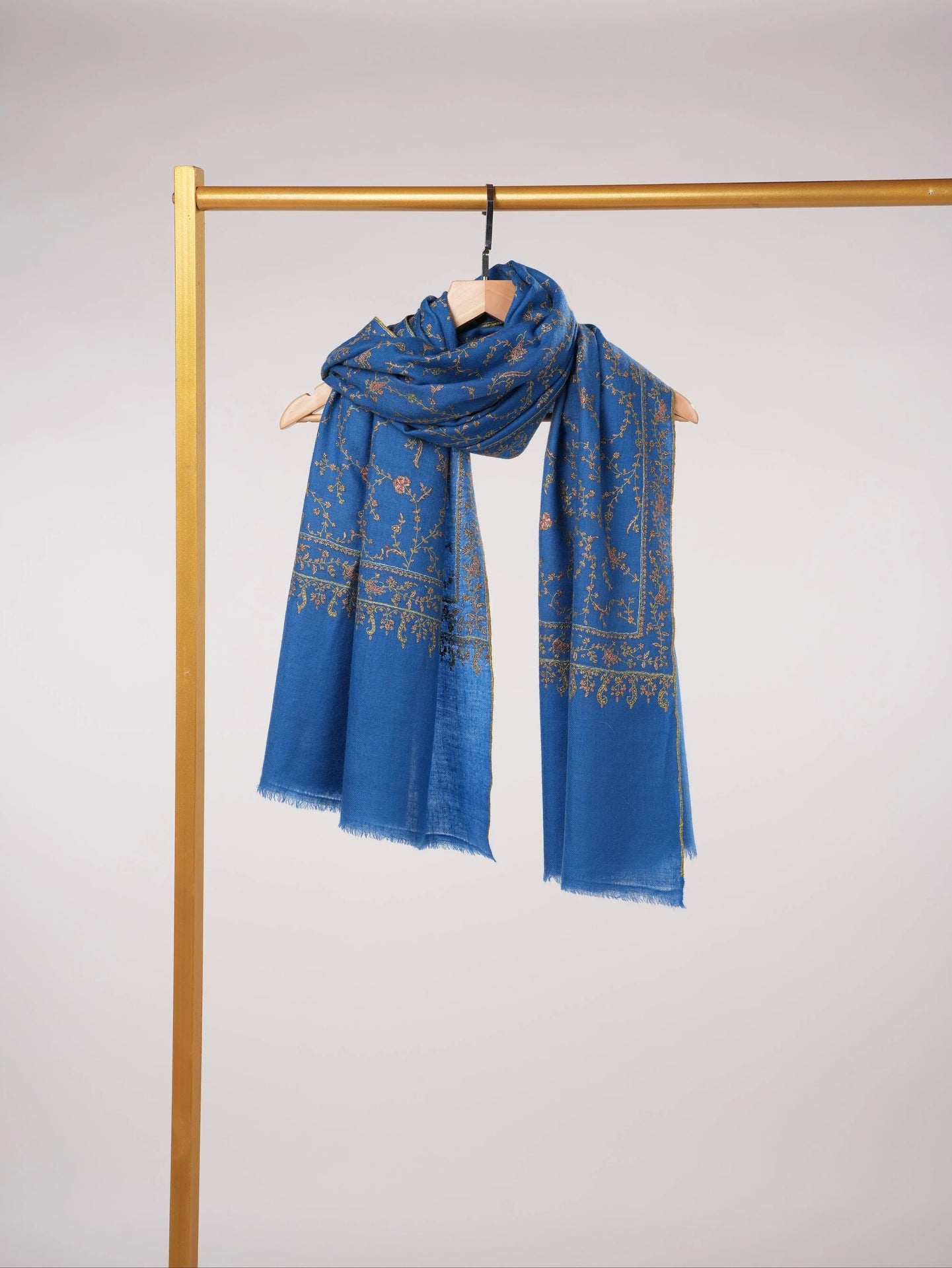 Rich Royal Blue Handwoven Pashmina Shawl with Jali Embroidery Shahkaar.com