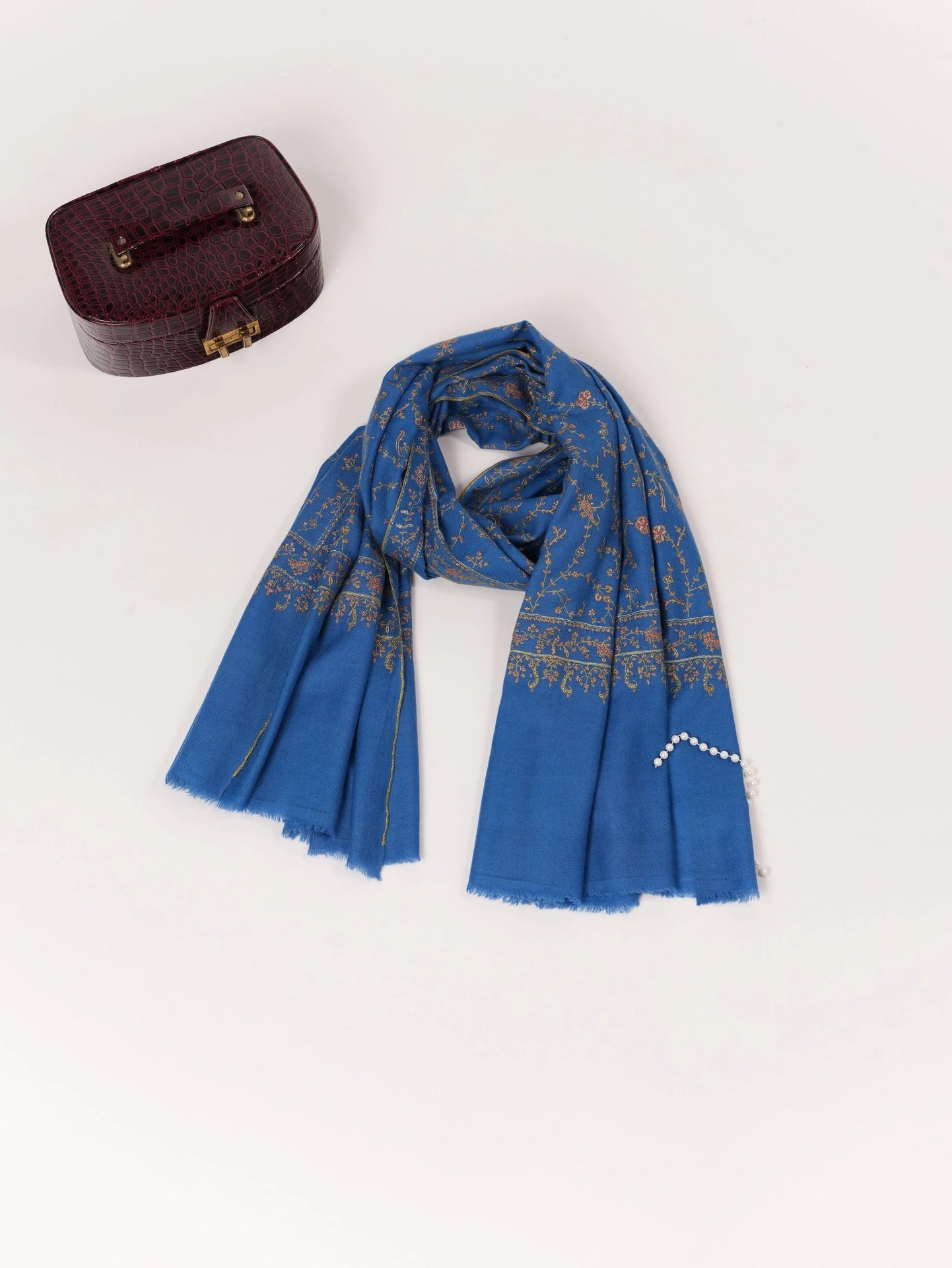Rich Royal Blue Handwoven Pashmina Shawl with Jali Embroidery Shahkaar.com