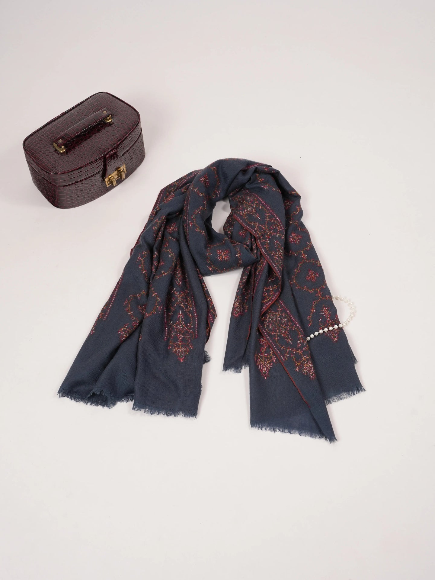 Dark Grey Handwoven Pashmina Shawl with Jali Sozni Hand Embroidery Shahkaar.com
