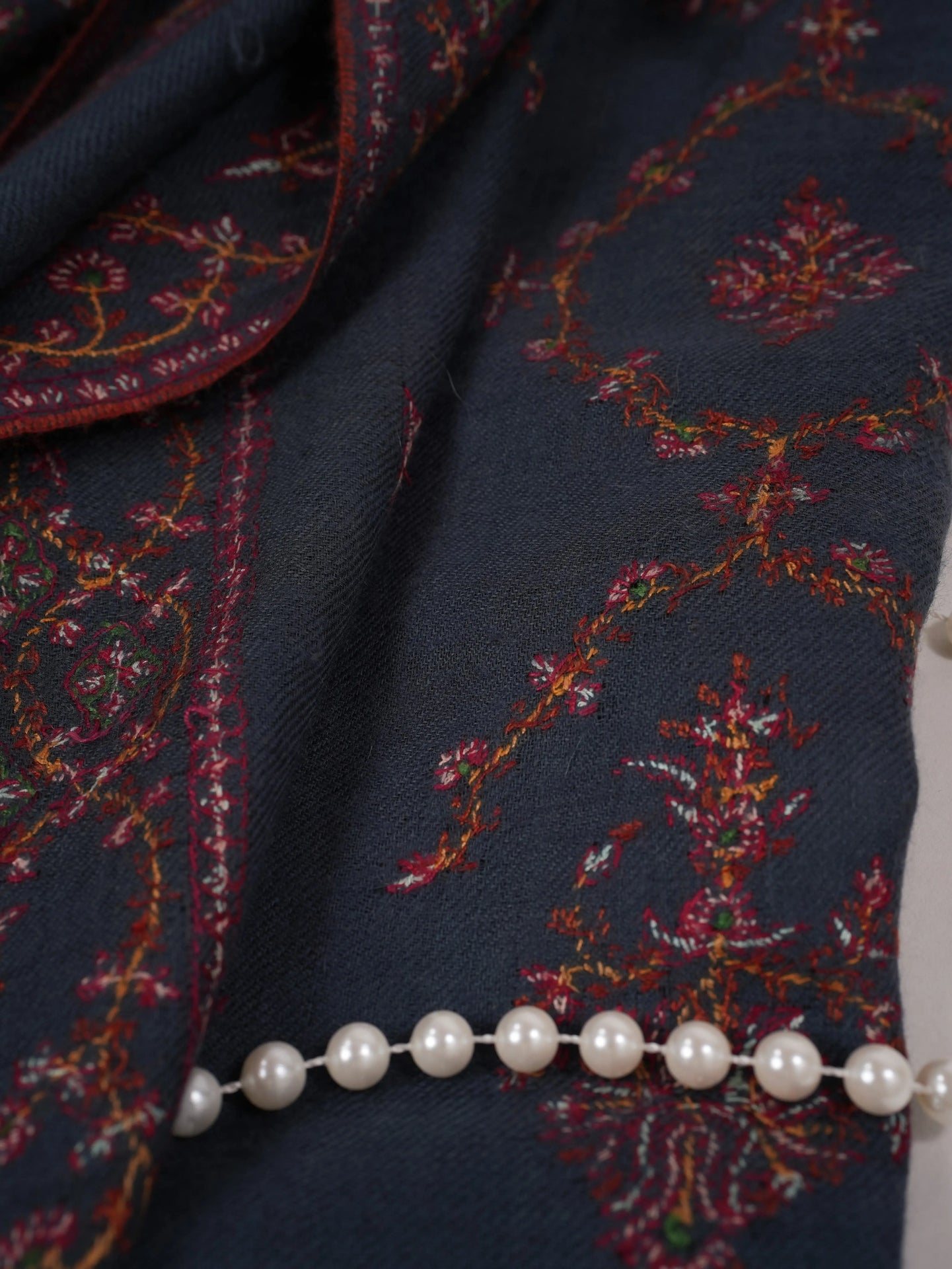 Dark Grey Handwoven Pashmina Shawl with Jali Sozni Hand Embroidery Shahkaar.com