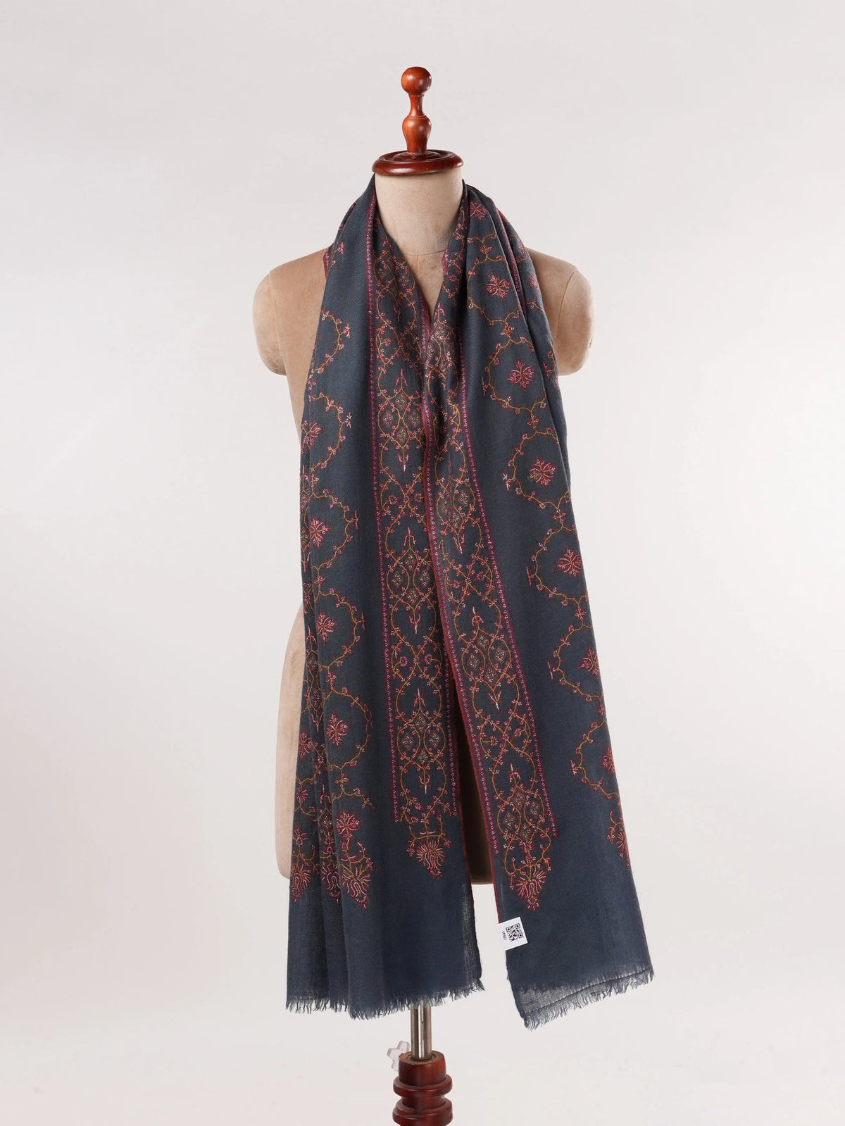 Dark Grey Handwoven Pashmina Shawl with Jali Sozni Hand Embroidery Shahkaar.com