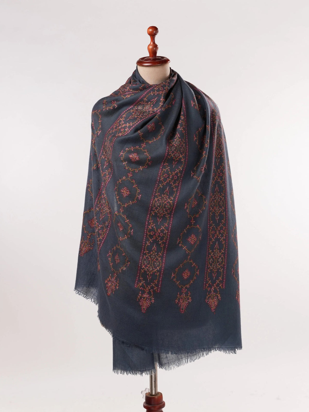 Dark Grey Handwoven Pashmina Shawl with Jali Sozni Hand Embroidery Shahkaar.com