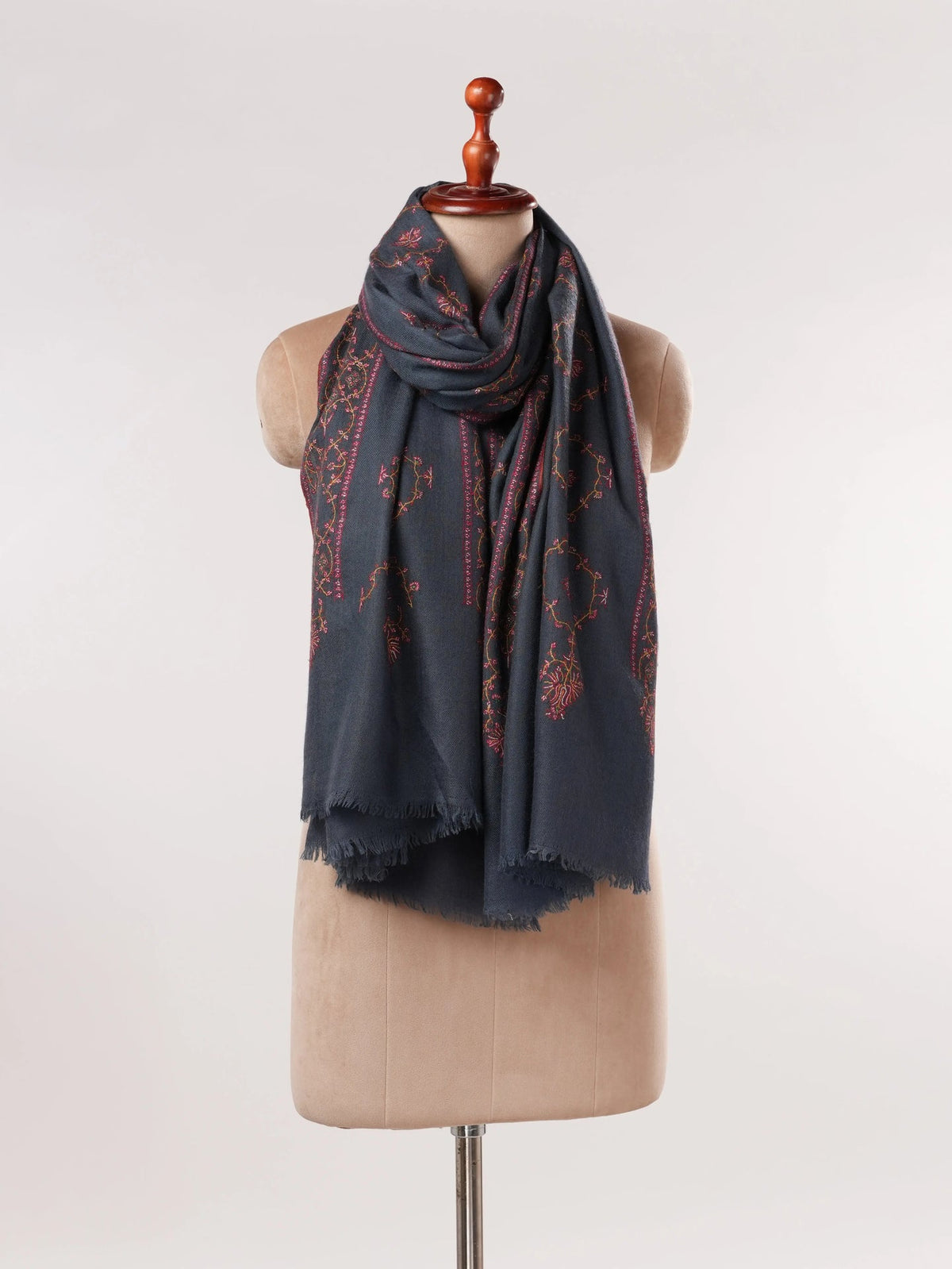 Dark Grey Handwoven Pashmina Shawl with Jali Sozni Hand Embroidery Shahkaar.com