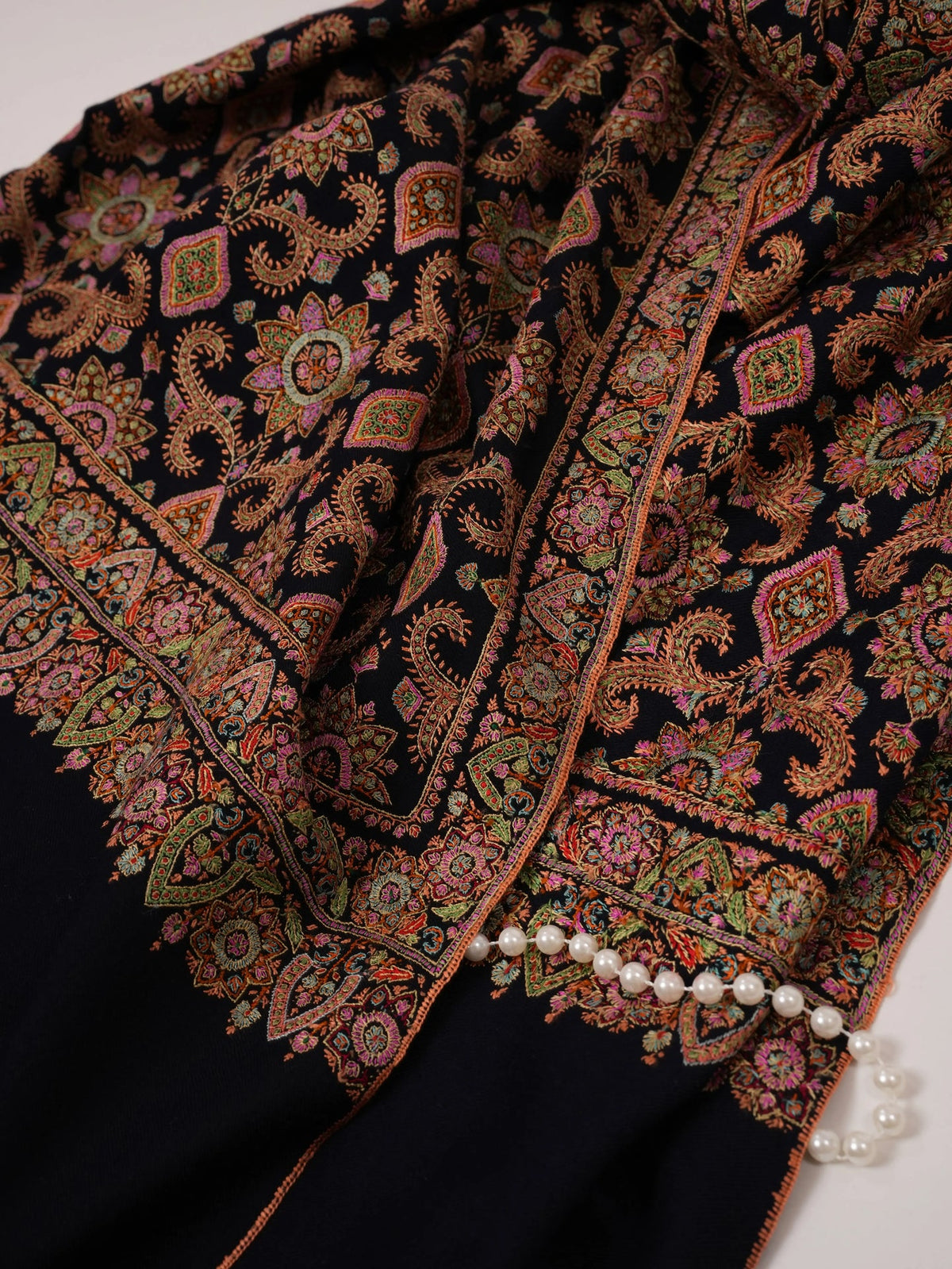 Dark Navy Blue Silk Hand Embroidered Pure Pashmina Jamavar Shawl Shahkaar.com