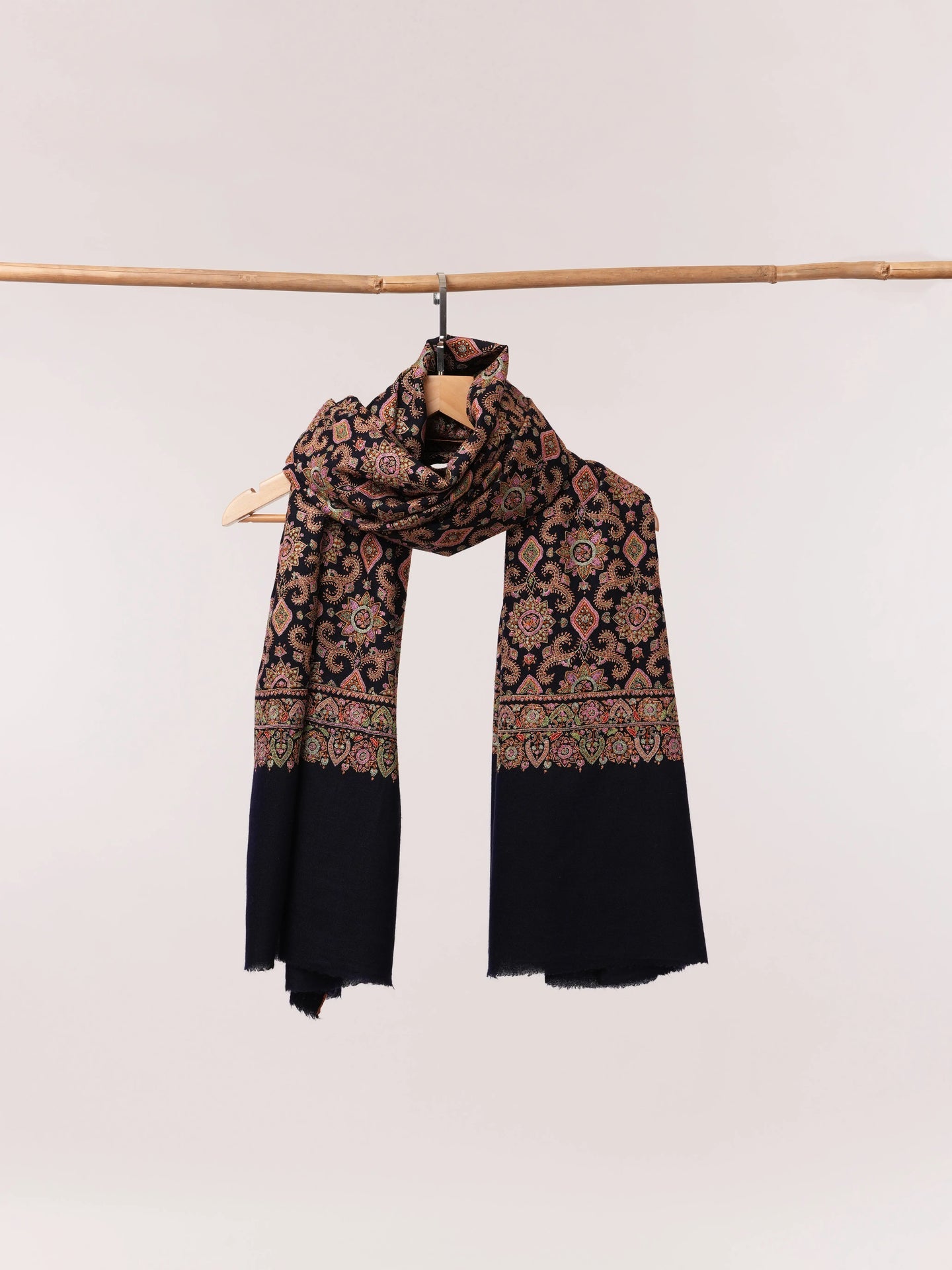 Dark Navy Blue Silk Hand Embroidered Pure Pashmina Jamavar Shawl Shahkaar.com
