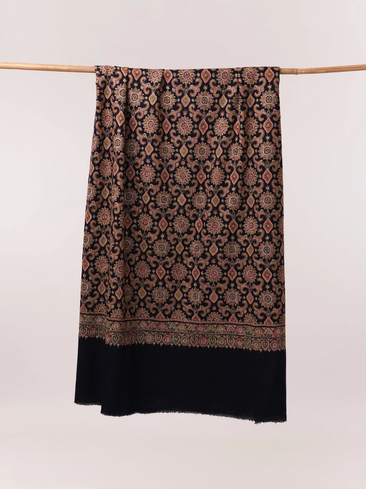 Dark Navy Blue Silk Hand Embroidered Pure Pashmina Jamavar Shawl Shahkaar.com