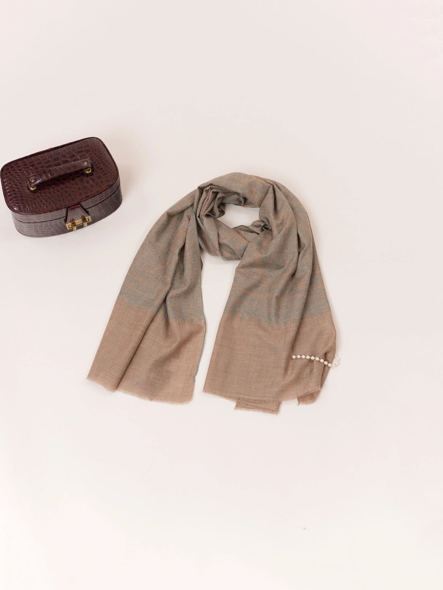 Natural Taupe Kashmiri Cashmere Handwoven Scarf with Jali Hand Sozni Embroidery Shahkaar.com