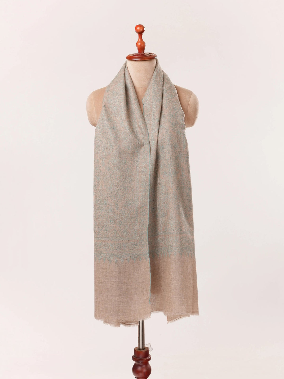 Natural Taupe Kashmiri Cashmere Handwoven Scarf with Jali Hand Sozni Embroidery Shahkaar.com