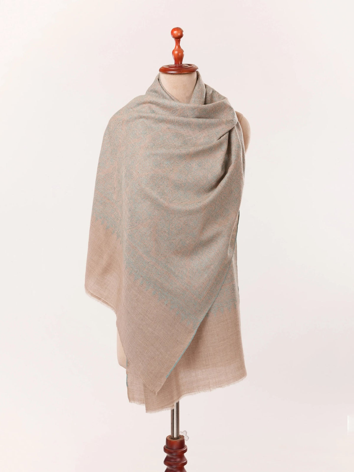 Natural Taupe Kashmiri Cashmere Handwoven Scarf with Jali Hand Sozni Embroidery Shahkaar.com