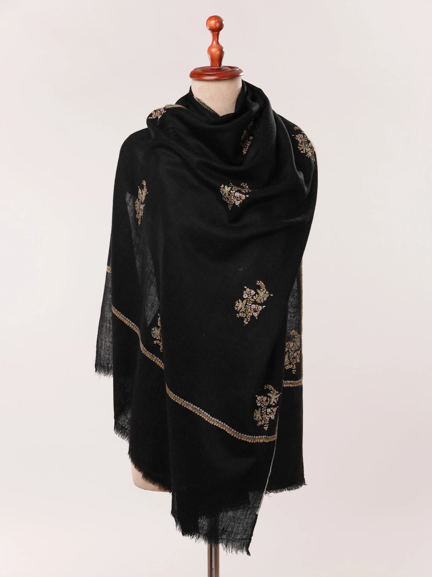 Black Featherlight Handwoven Cashmere Scarf with Hand Embroidery Shahkaar.com