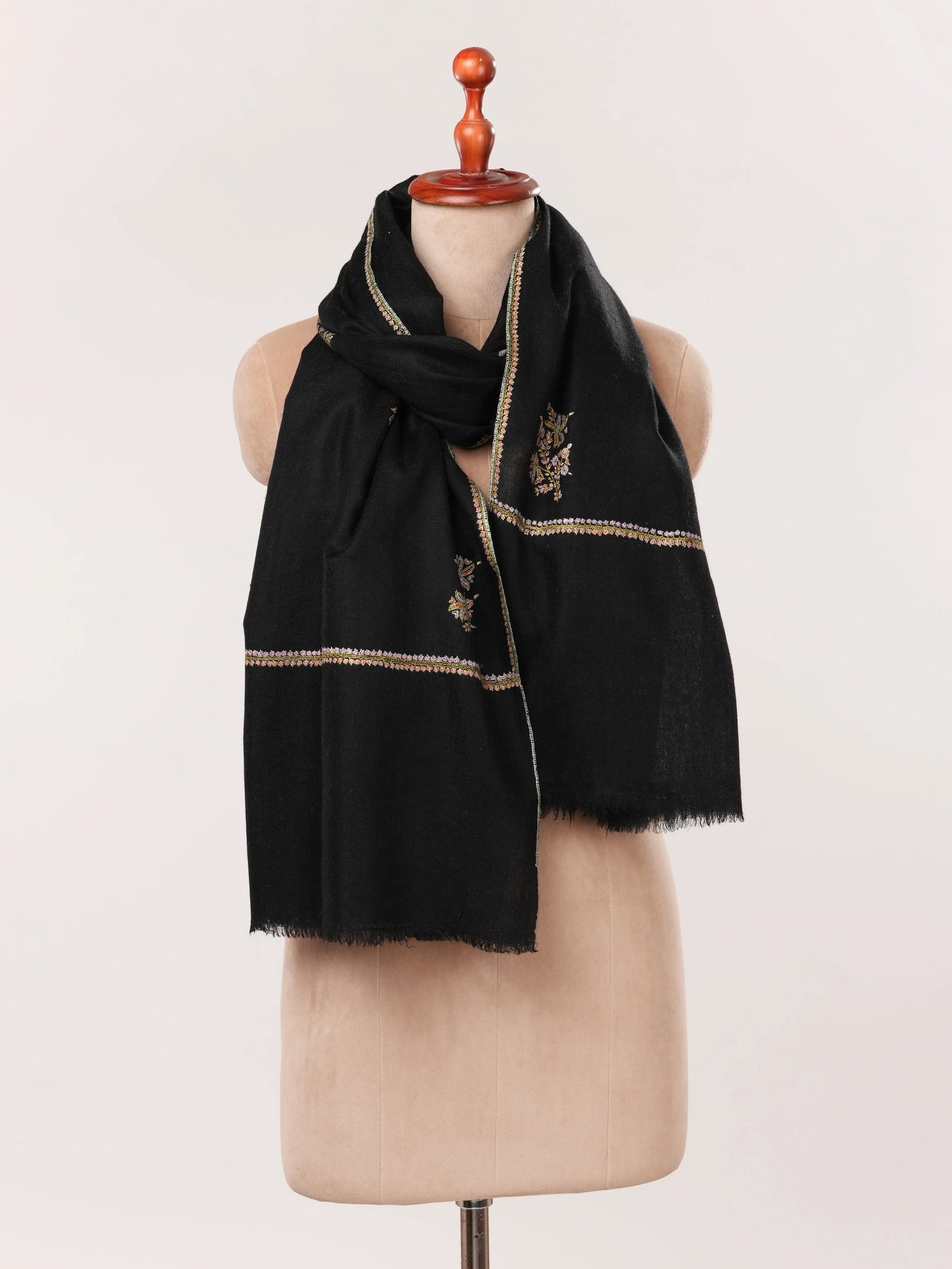 Black Featherlight Handwoven Cashmere Scarf with Hand Embroidery Shahkaar.com