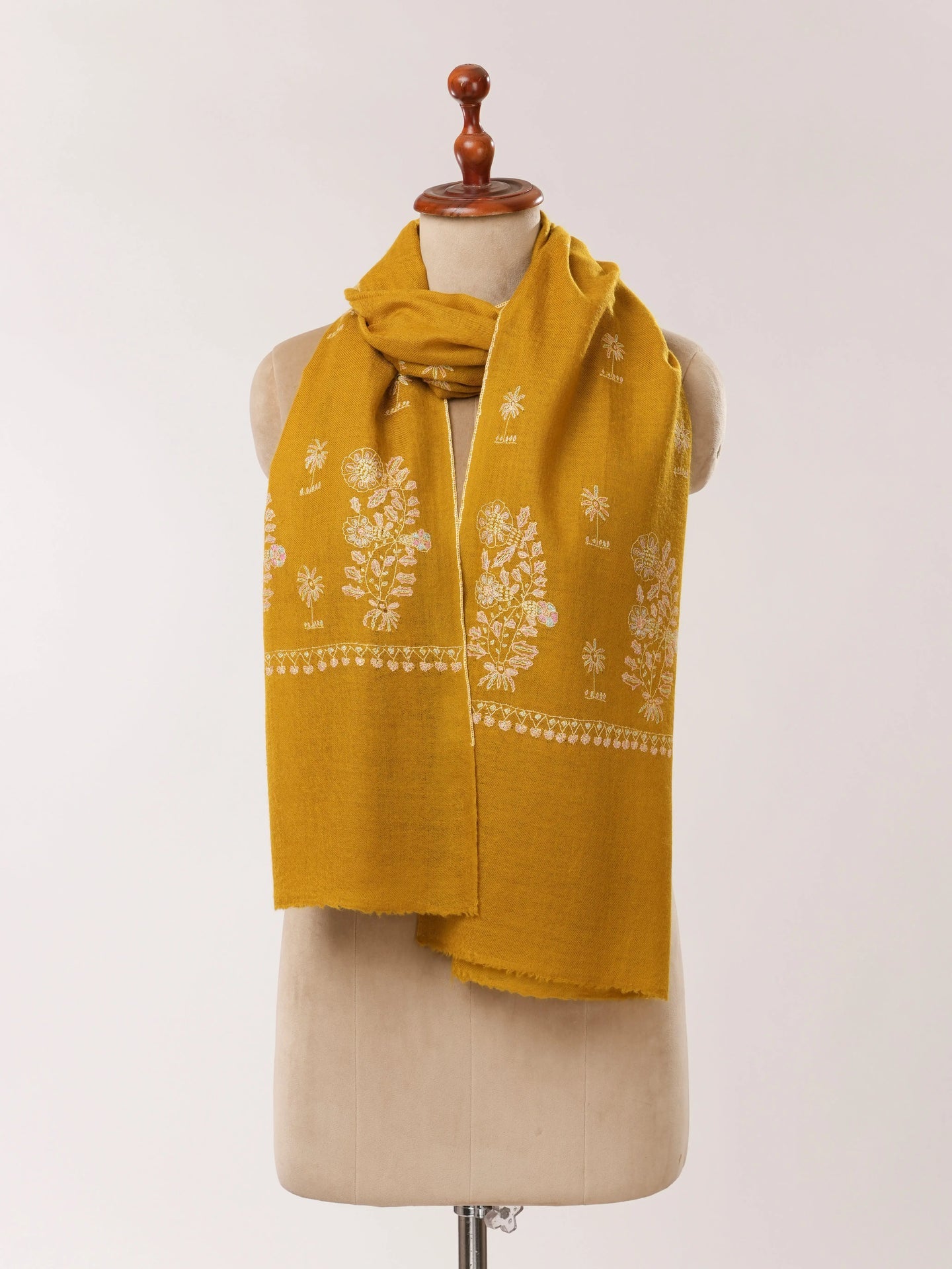 Mustard Cashmere Scarf with Detailed Hand Embroidery Shahkaar.com
