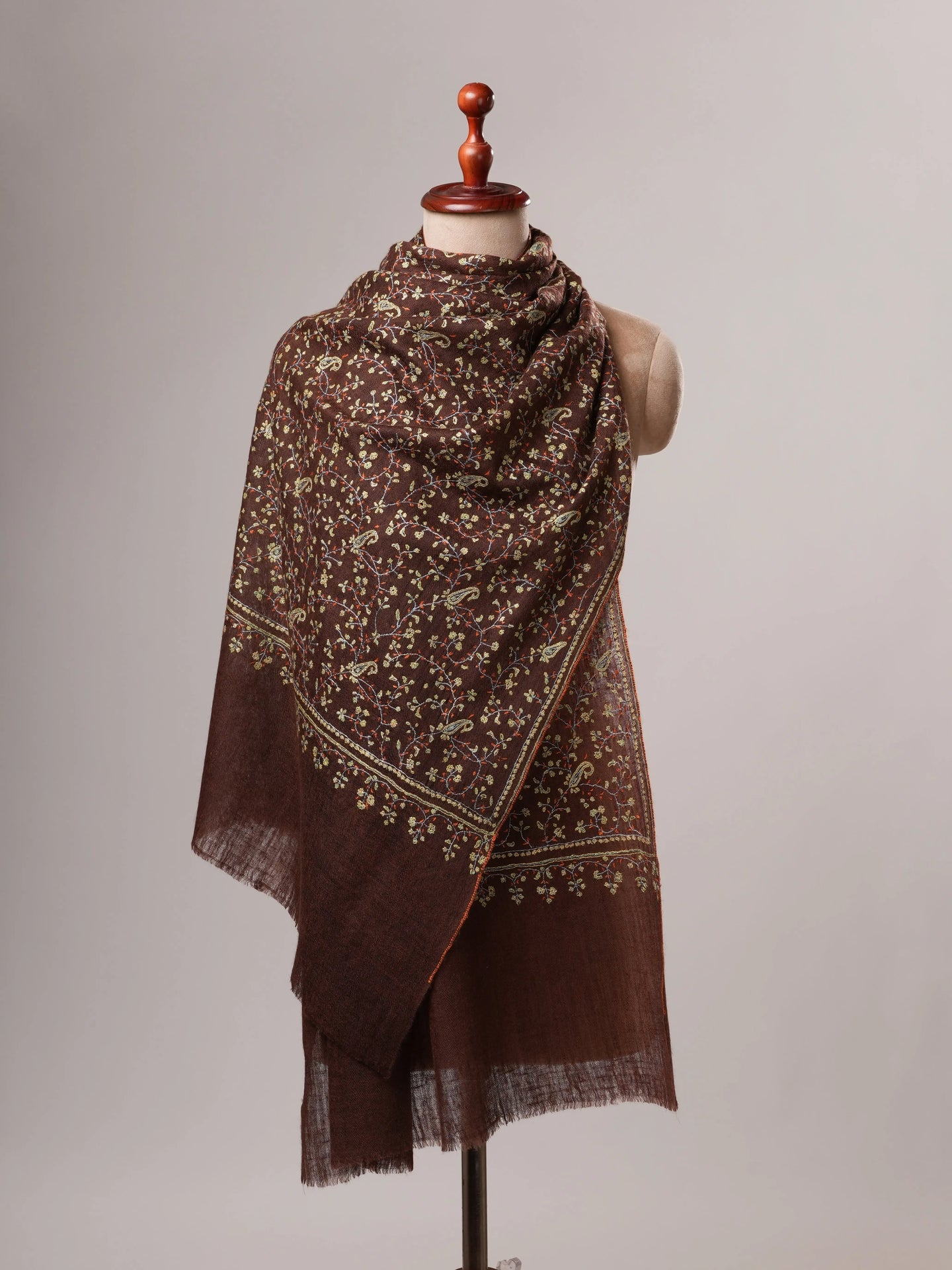 Featherlight Handwoven Brown Cashmere Scarf with All Over Hand Embroidery Shahkaar