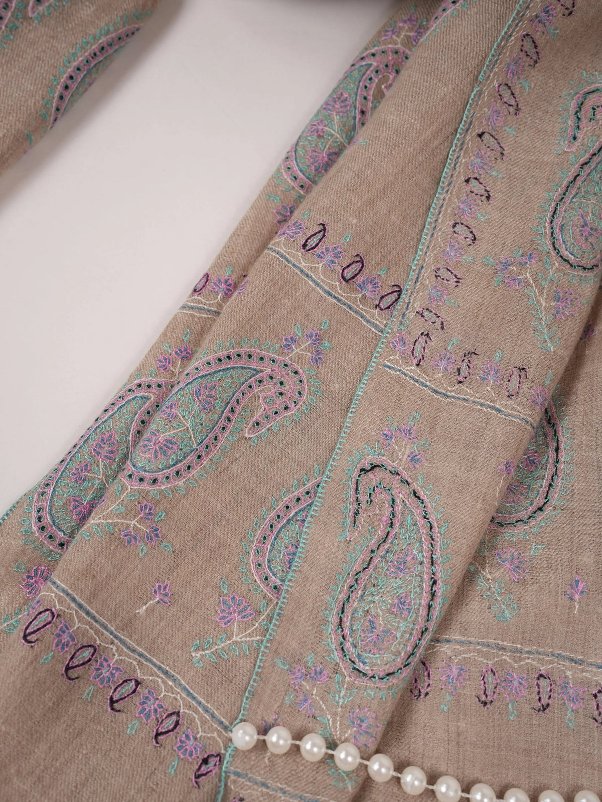Natural Beige Warm Pashmina Shawl with Buteh Hand Embroidery