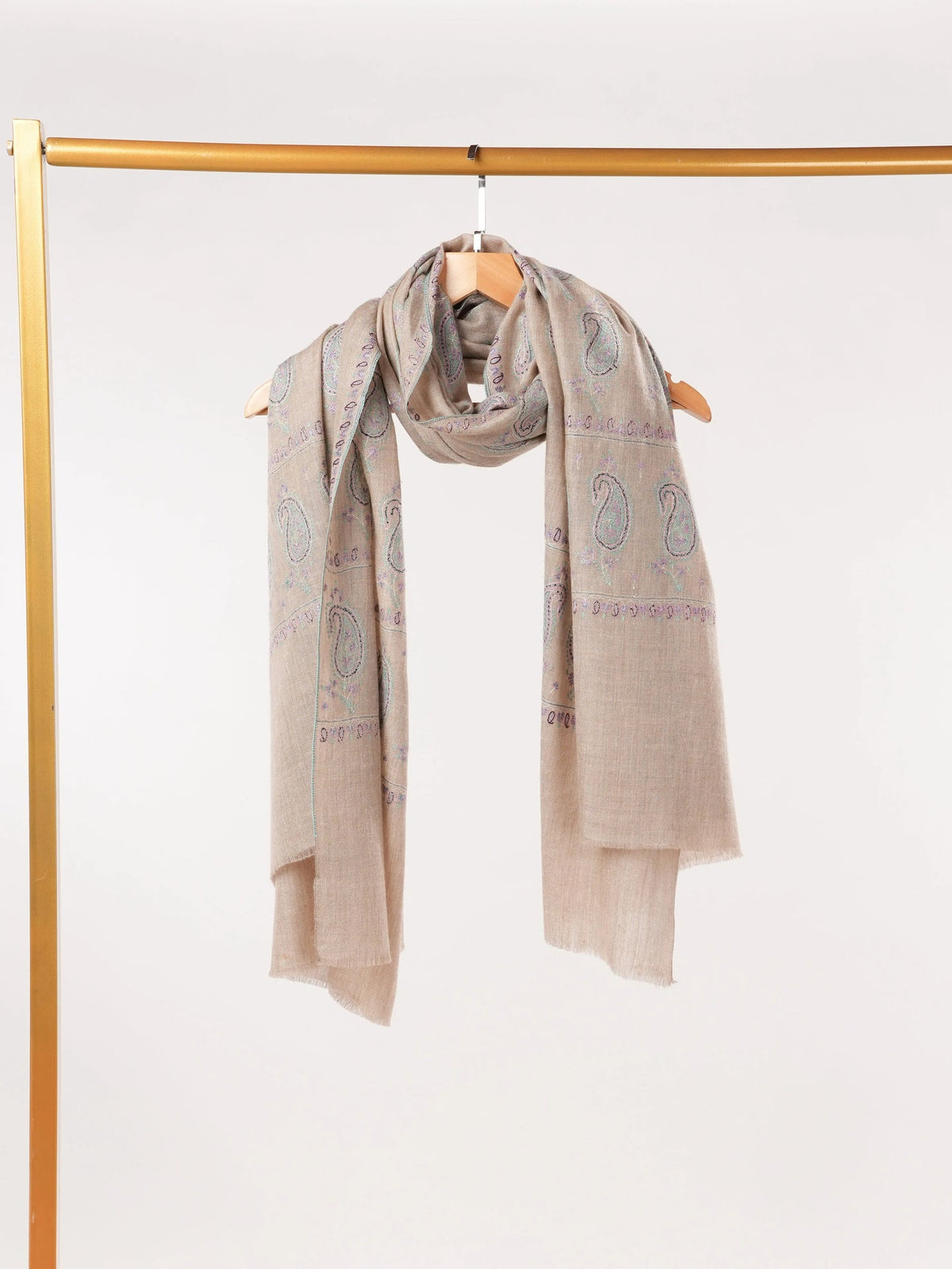 Natural Beige Warm Pashmina Shawl with Buteh Hand Embroidery