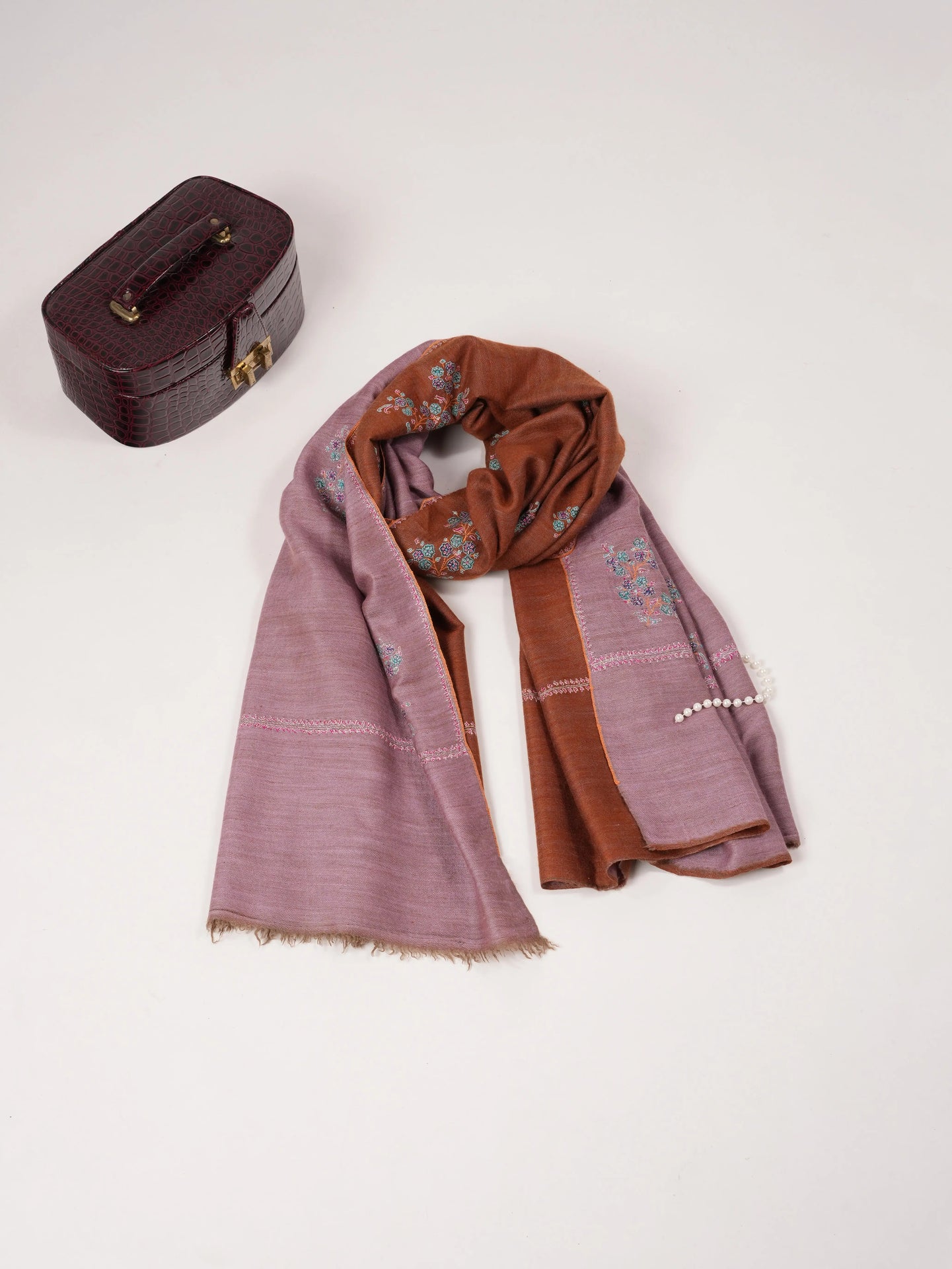 Dualtone Handwoven Soft Pashmina Shawl with Buteh Hand Sozni Embroidery Shahkaar.com