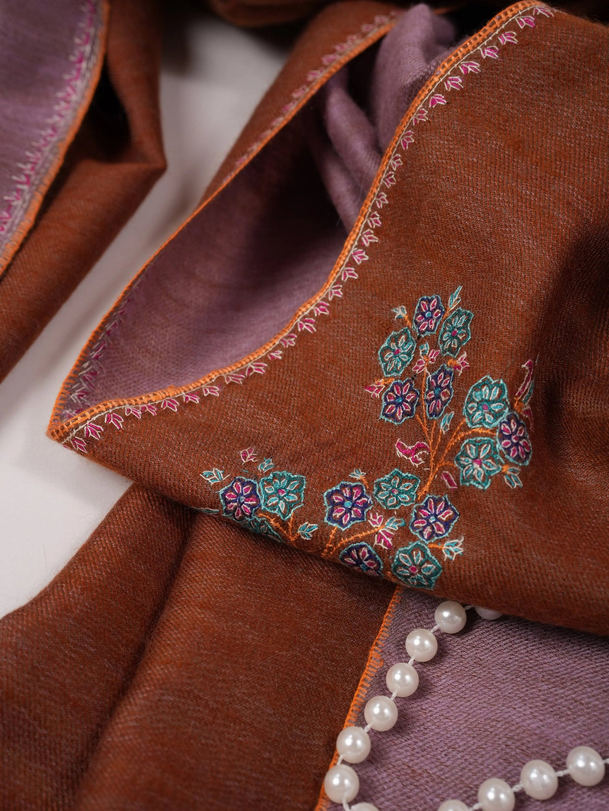 Dualtone Handwoven Soft Pashmina Shawl with Buteh Hand Sozni Embroidery Shahkaar.com