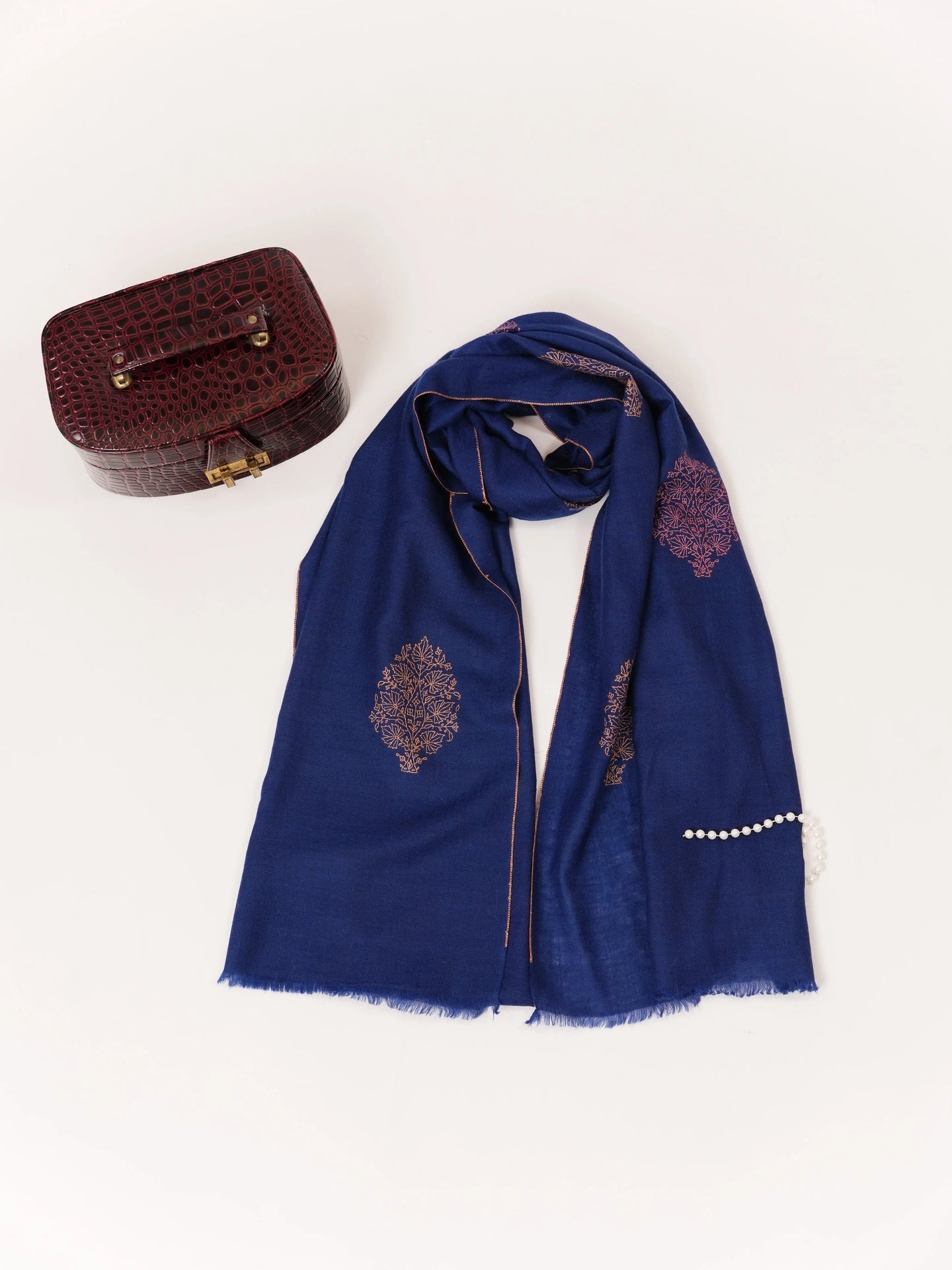 Dark Blue Cashmere Scarf with Buteh Hand Embroidery Shahkaar.com