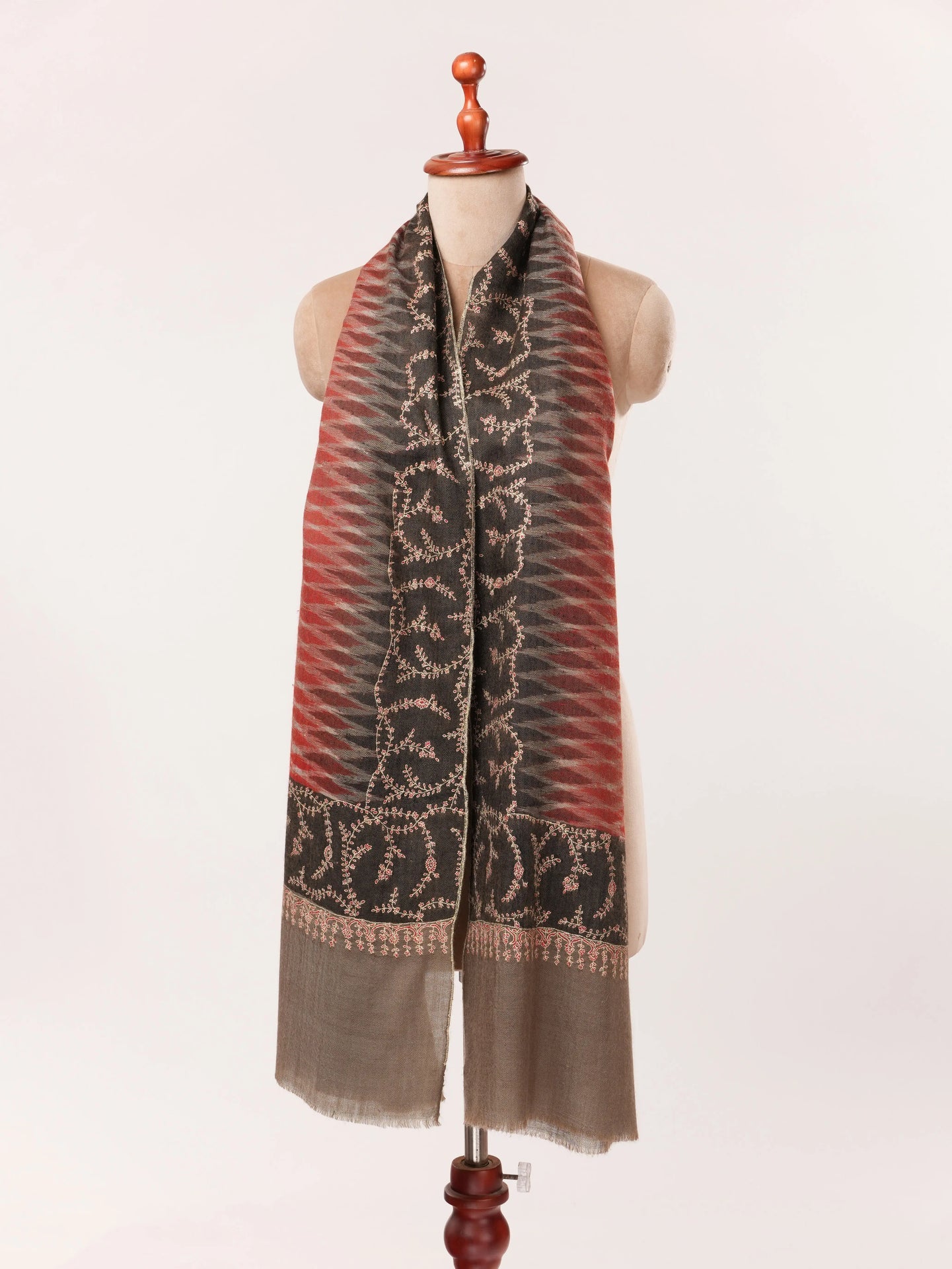 Handwoven Kashmiri Scarf with Ikat and Hand Sozni Work Shahkaar.com