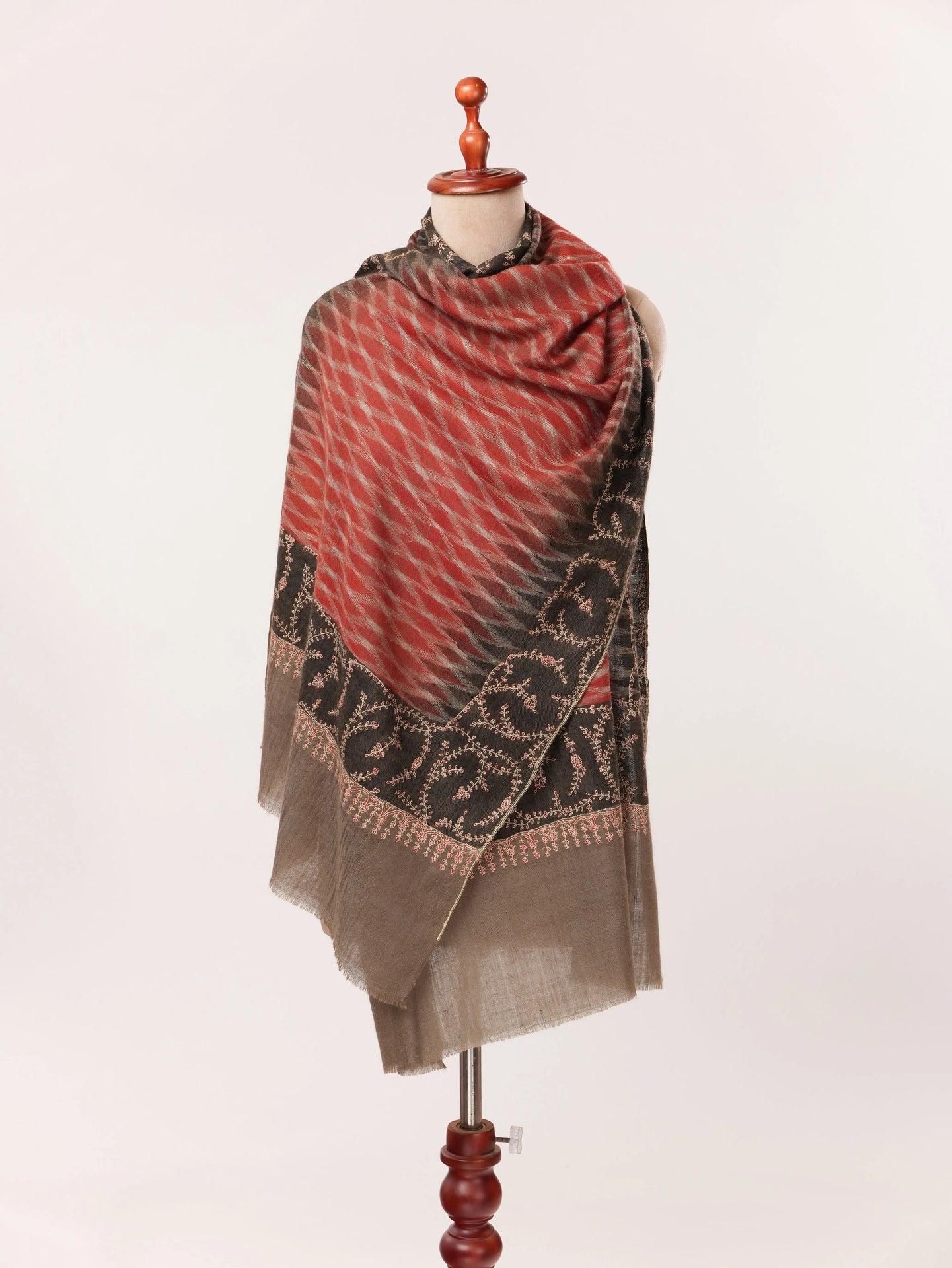 Handwoven Kashmiri Scarf with Ikat and Hand Sozni Work Shahkaar.com